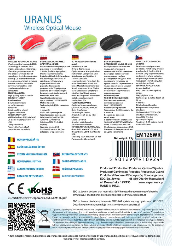 Wireless mouse 2,4GHz USB Uranus black gray Esperanza EM126EK Manufacturer code EM126EK
