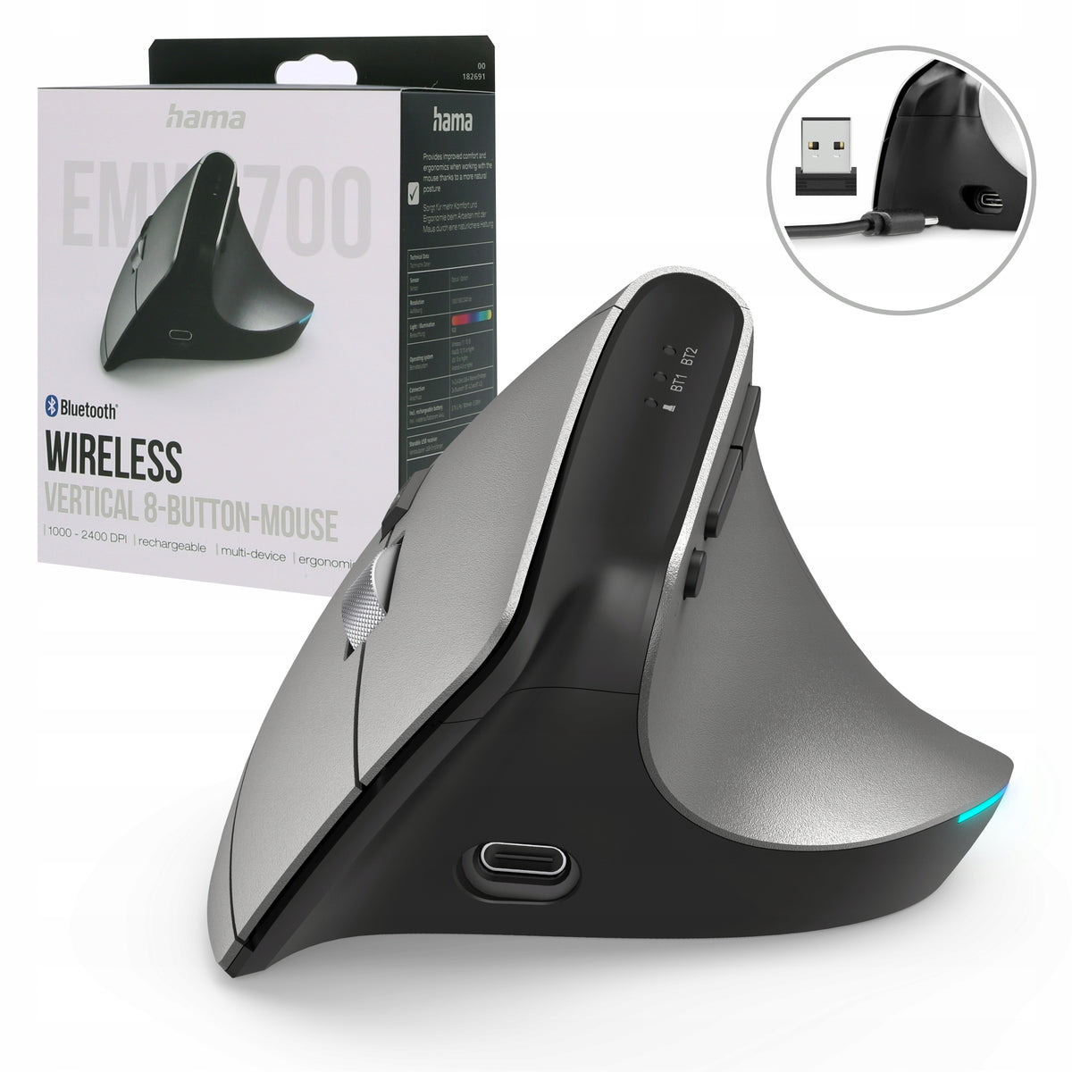 Wireless mouse Hama EMW-700 ergonomic USB Bluetooth charged RGB