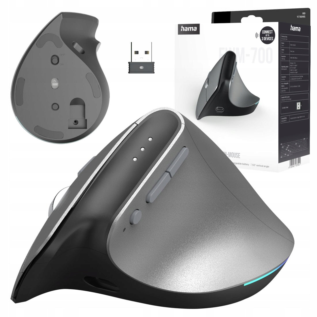 Wireless mouse Hama EWM-700 R ergonomic vertical USB Bluetooth RGB