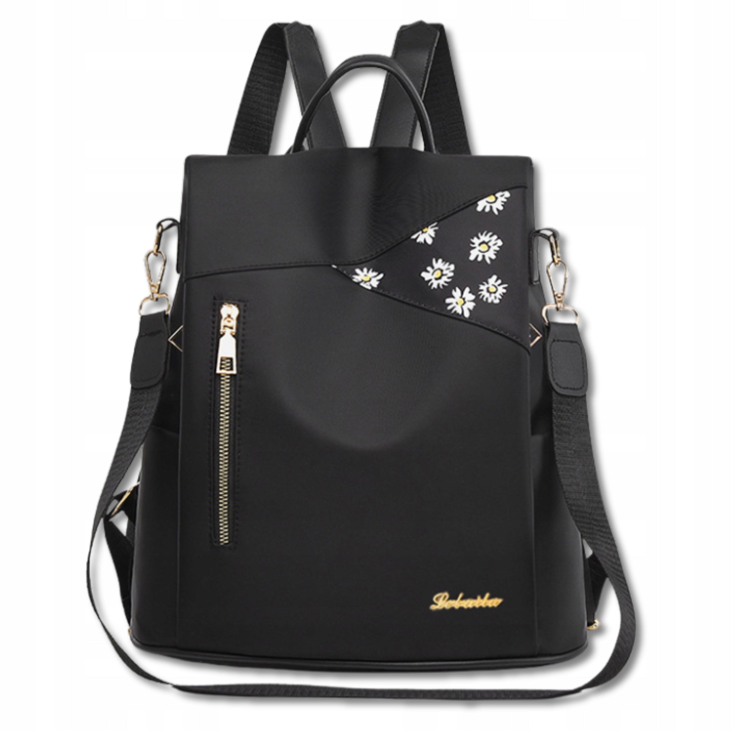 Women's Backpack Black Flowers 2in1 Shoulder Bag Backpack Elegant Urban Packaging status original