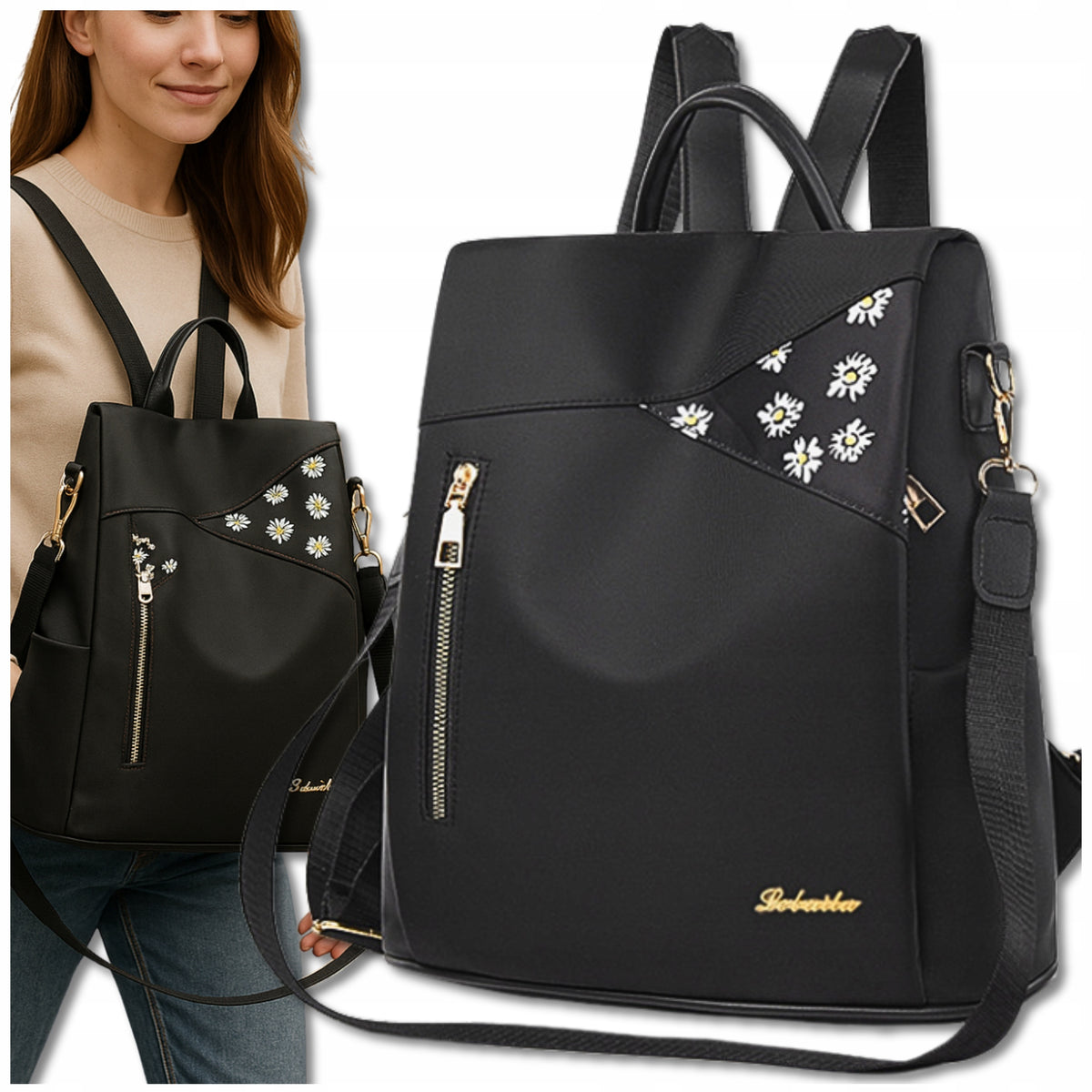 Women's Backpack Black Flowers 2in1 Shoulder Bag Backpack Elegant Urban