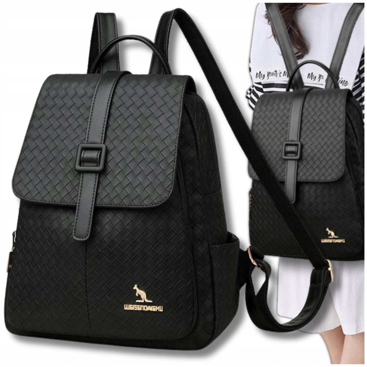 Women's Backpack Black Leather Elegant Urban Braided School Faux Leather Packaging status original