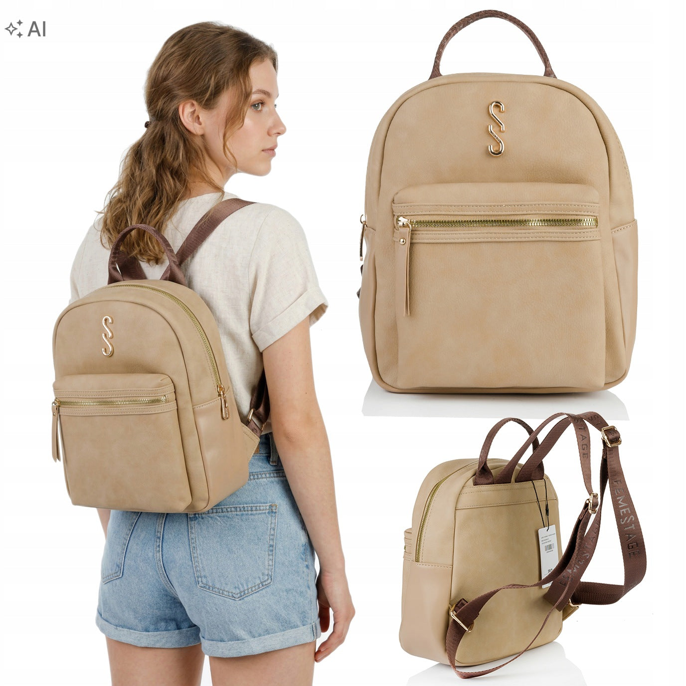 Women's Backpack Femestage Urban Logo Practical Stylish Urban Beige