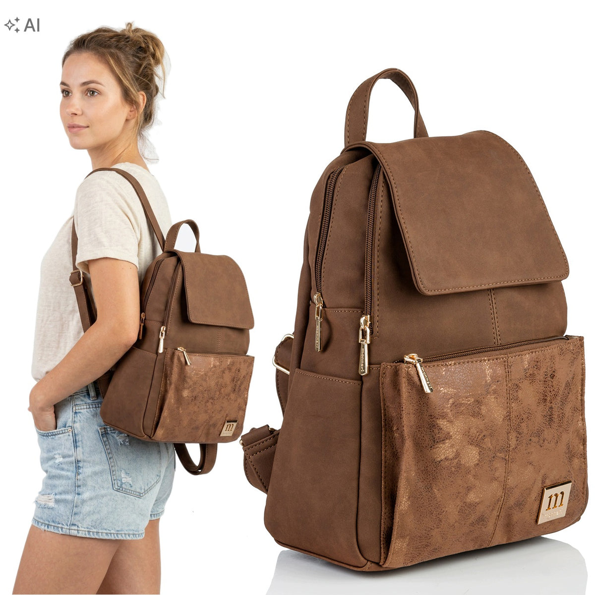 Women's Backpack Monnari Urban Brown Logo Practical Stylish Urban Flap