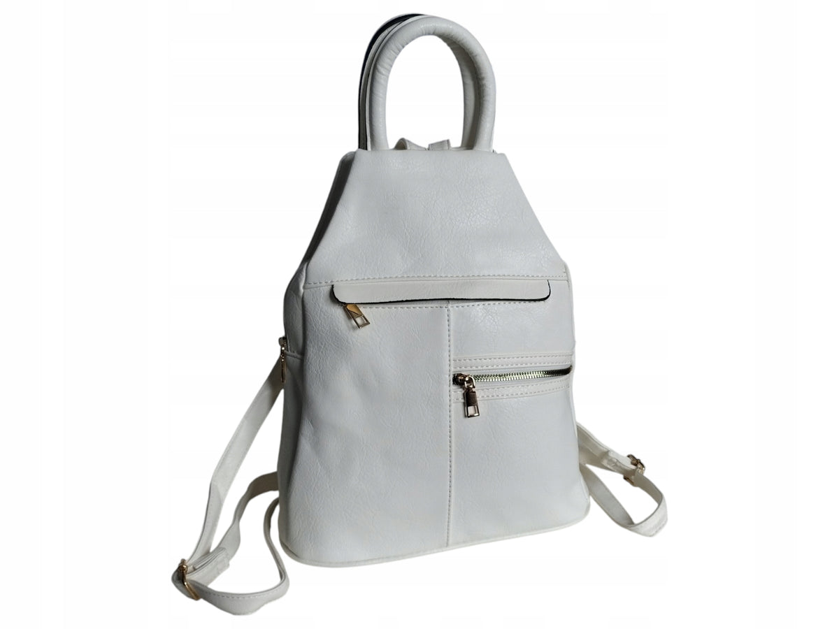 Women's Backpack, Urban Shoulder Bag with Eco Leather, 5 Pockets, White