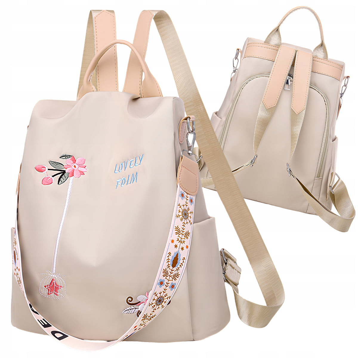 Women's Backpack Urban Sports Spacious Fashionable Beige Summer Flowers 2in1 Strap Brand EdiBazzar