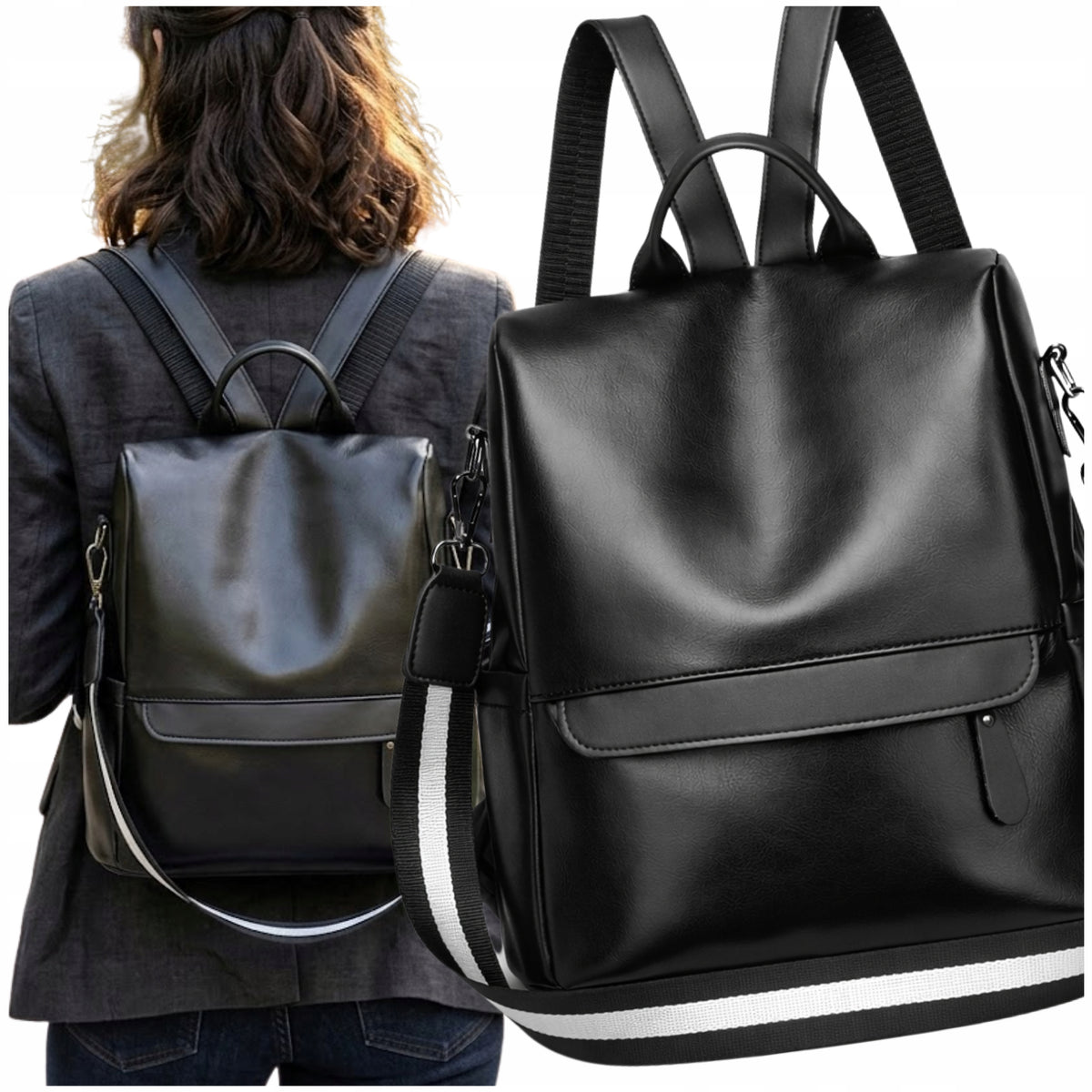 Women's Black Urban Backpack Elegant Leather Shoulder Bag 2in1 Brand EdiBazzar