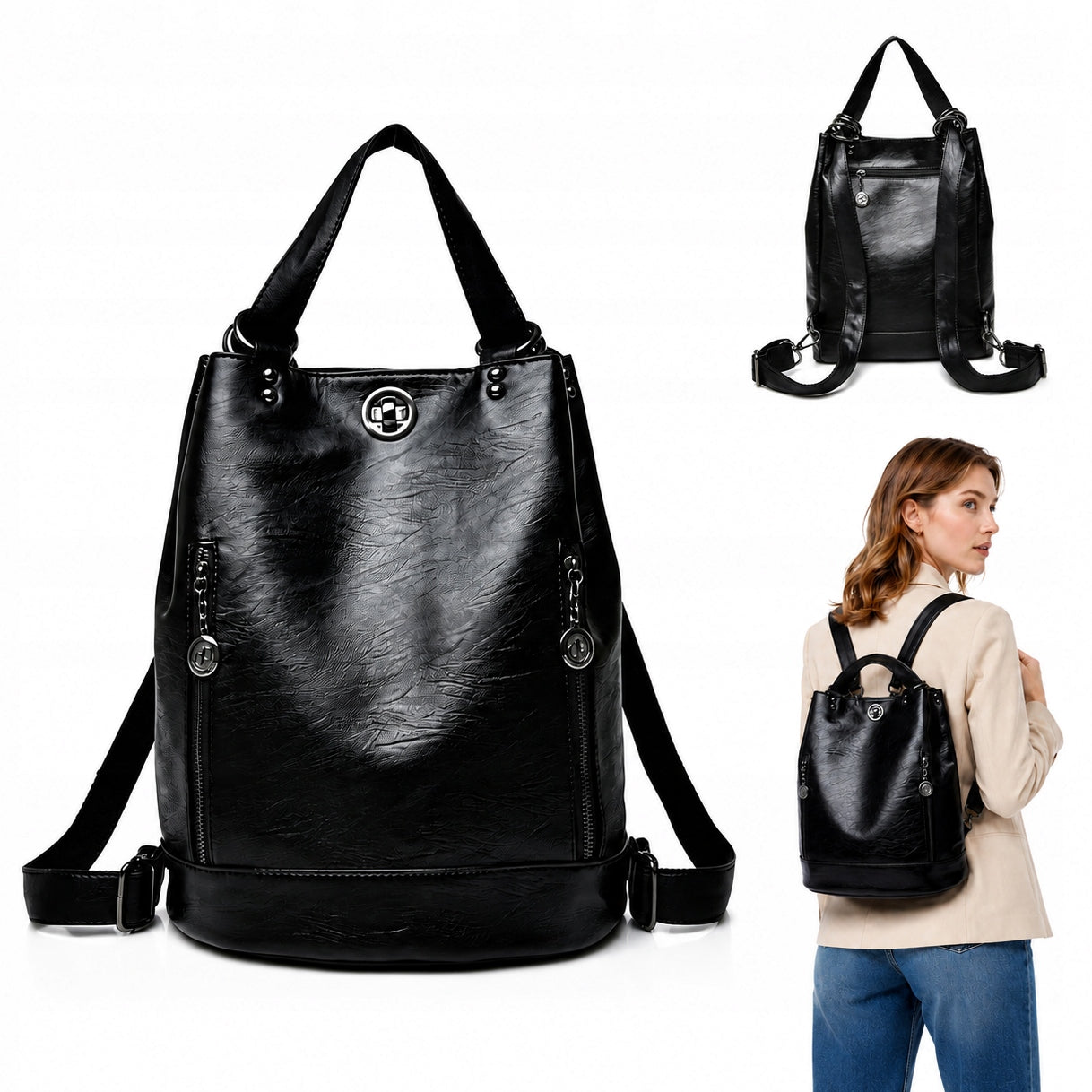 Women's Leather Backpack For School Work City Black Comfortable Strong Leather