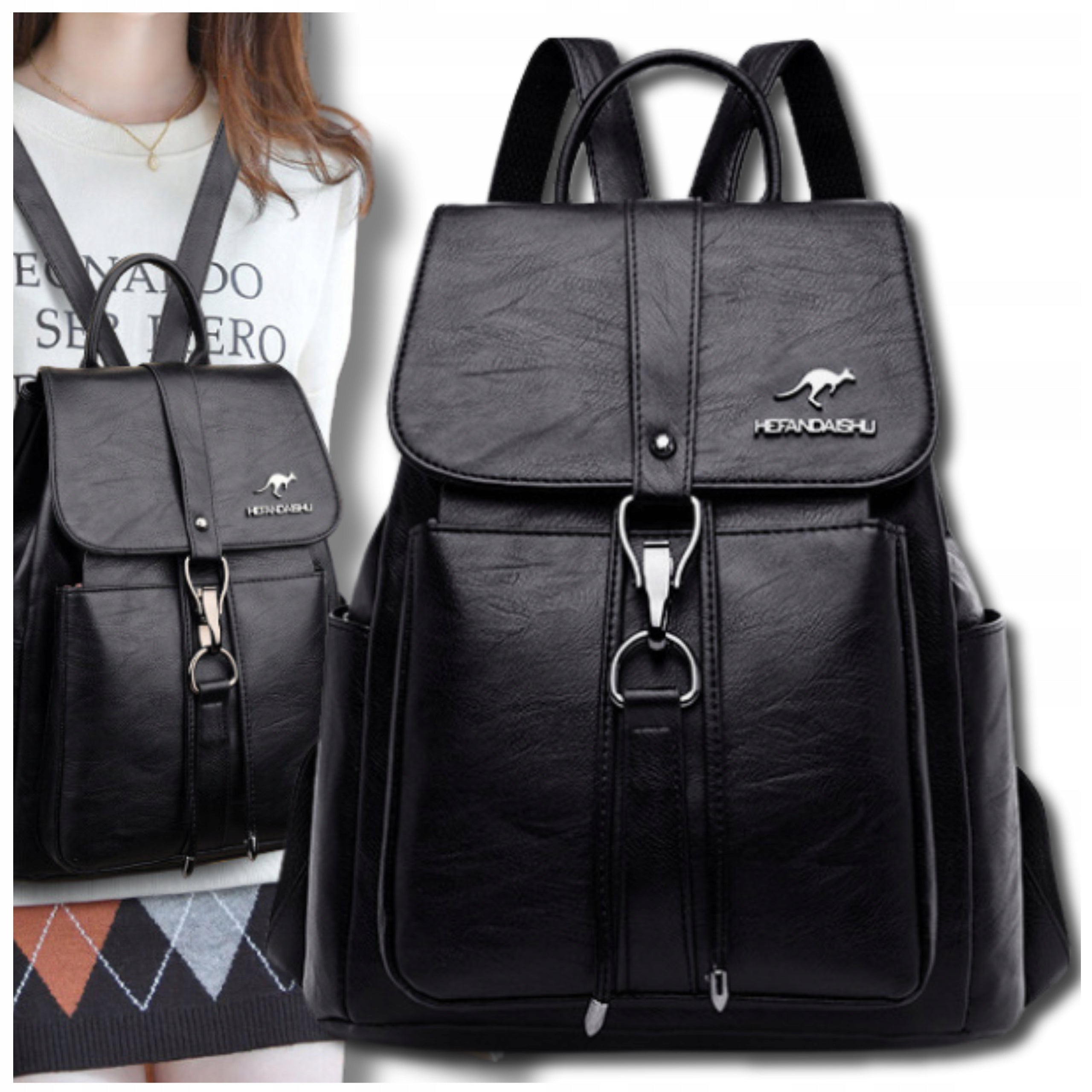 Women's Leather Backpack for City School Black Waterproof Spacious Brand EdiBazzar