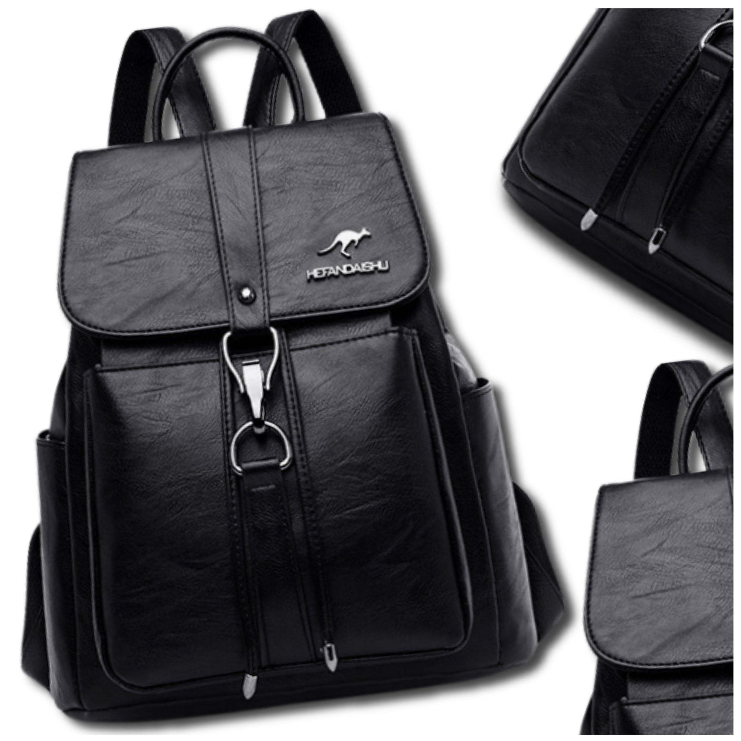 Women's Leather Backpack for City School Black Waterproof Spacious Packaging status original