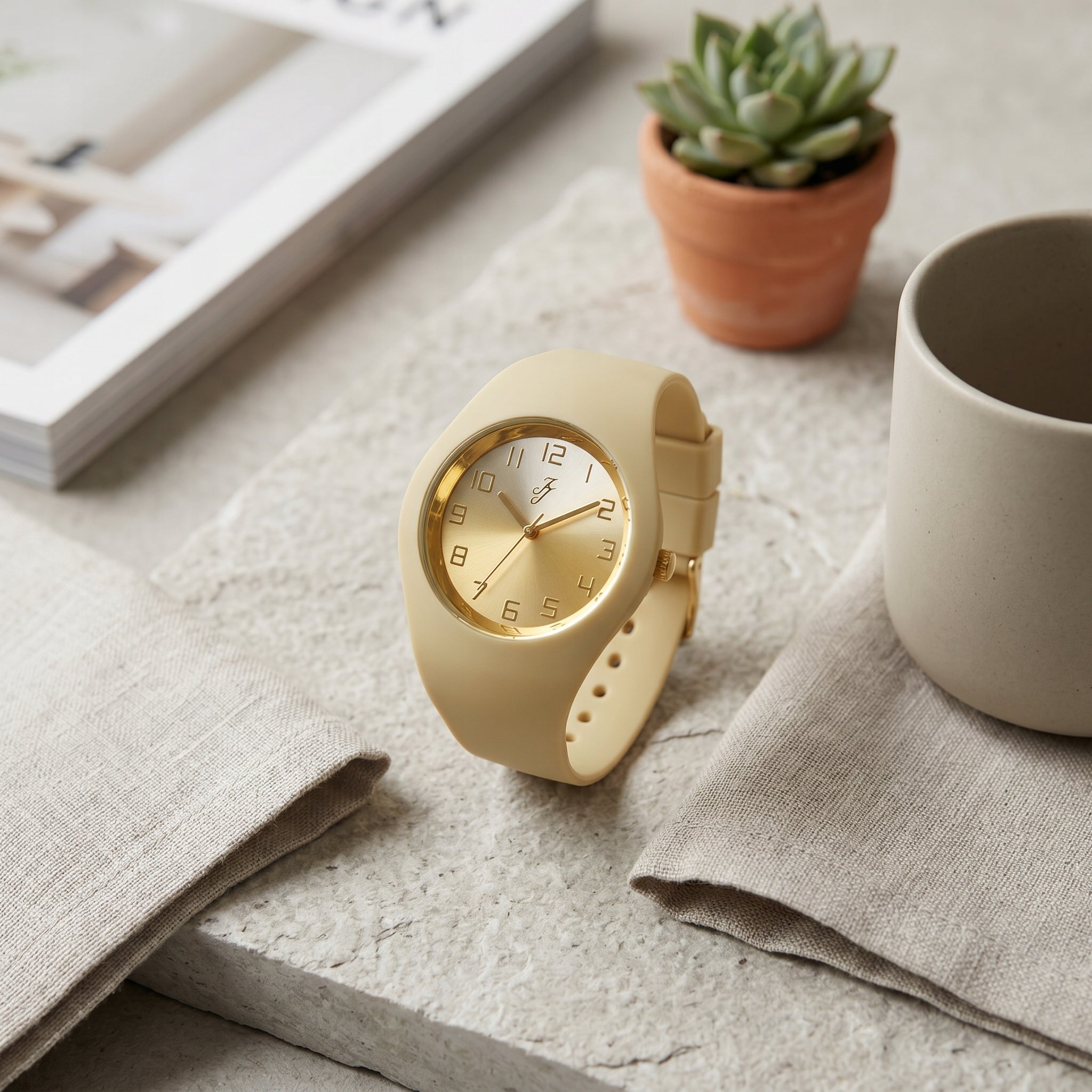 Women's Watch Beige Silicone Strap Gold Dial Casual Elegant Packaging status original