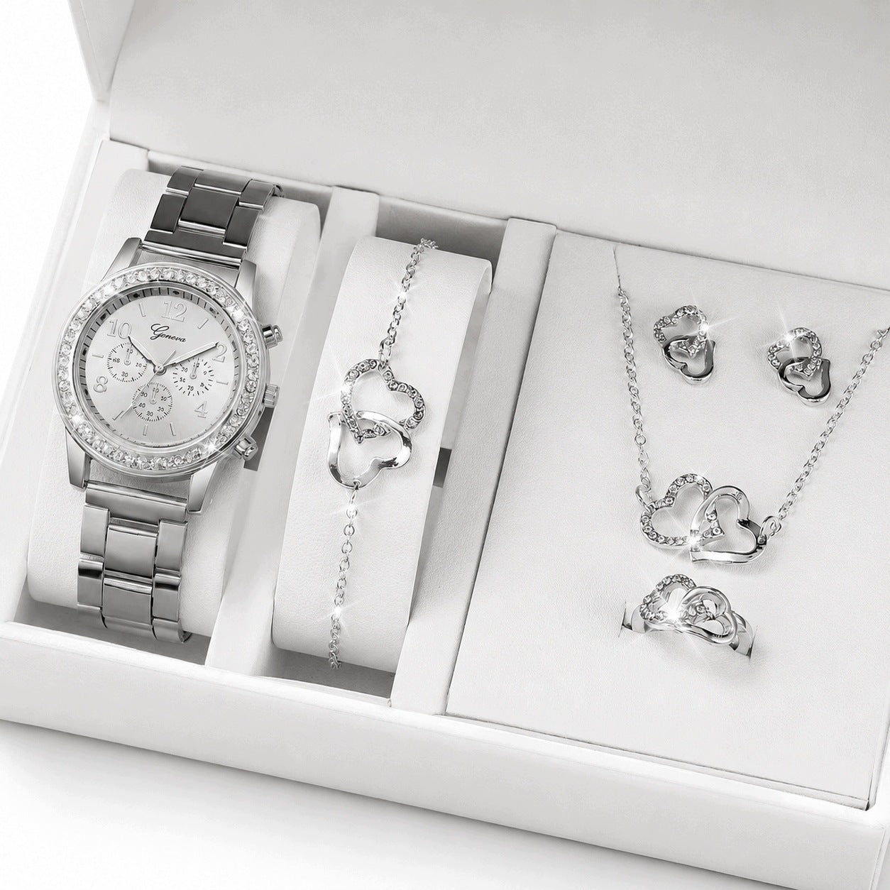 Women's Watch Silver Heart Jewelry Set 5 Elements Zircons