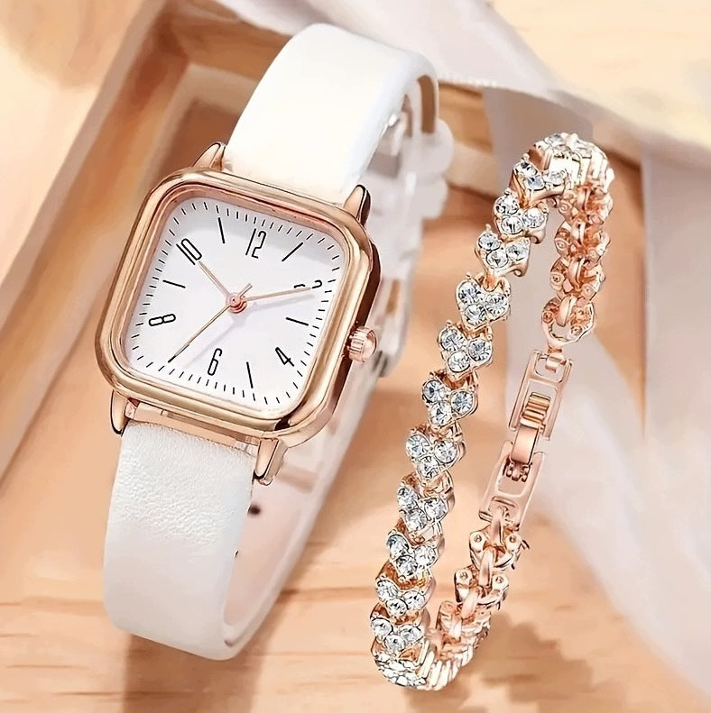 Women's Watch White Strap Rose Gold + Bracelet Zircons Set Brand Emigmat