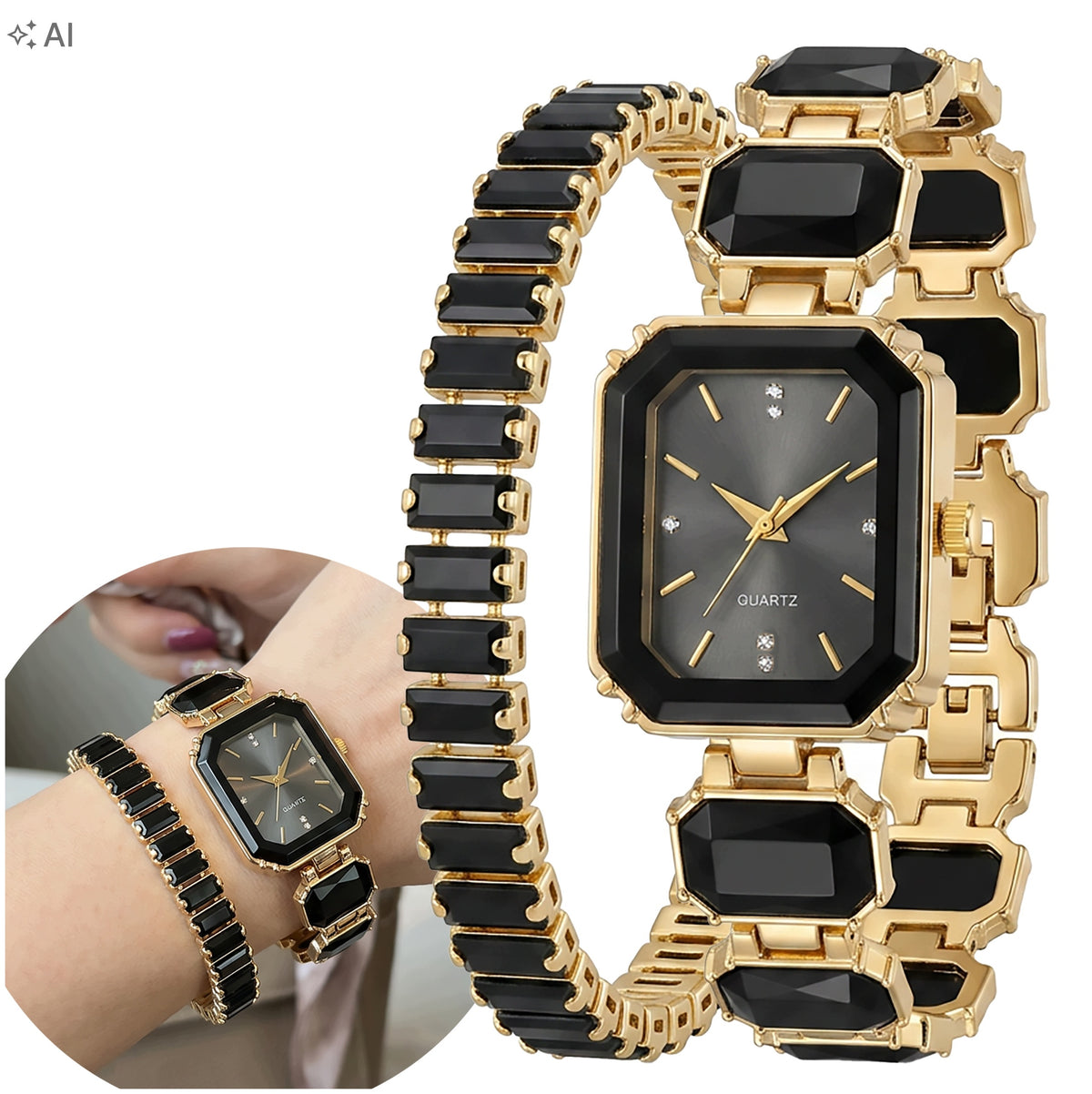 Women's Watch with Bracelet Black Crystals Elegant Gold Plated Set