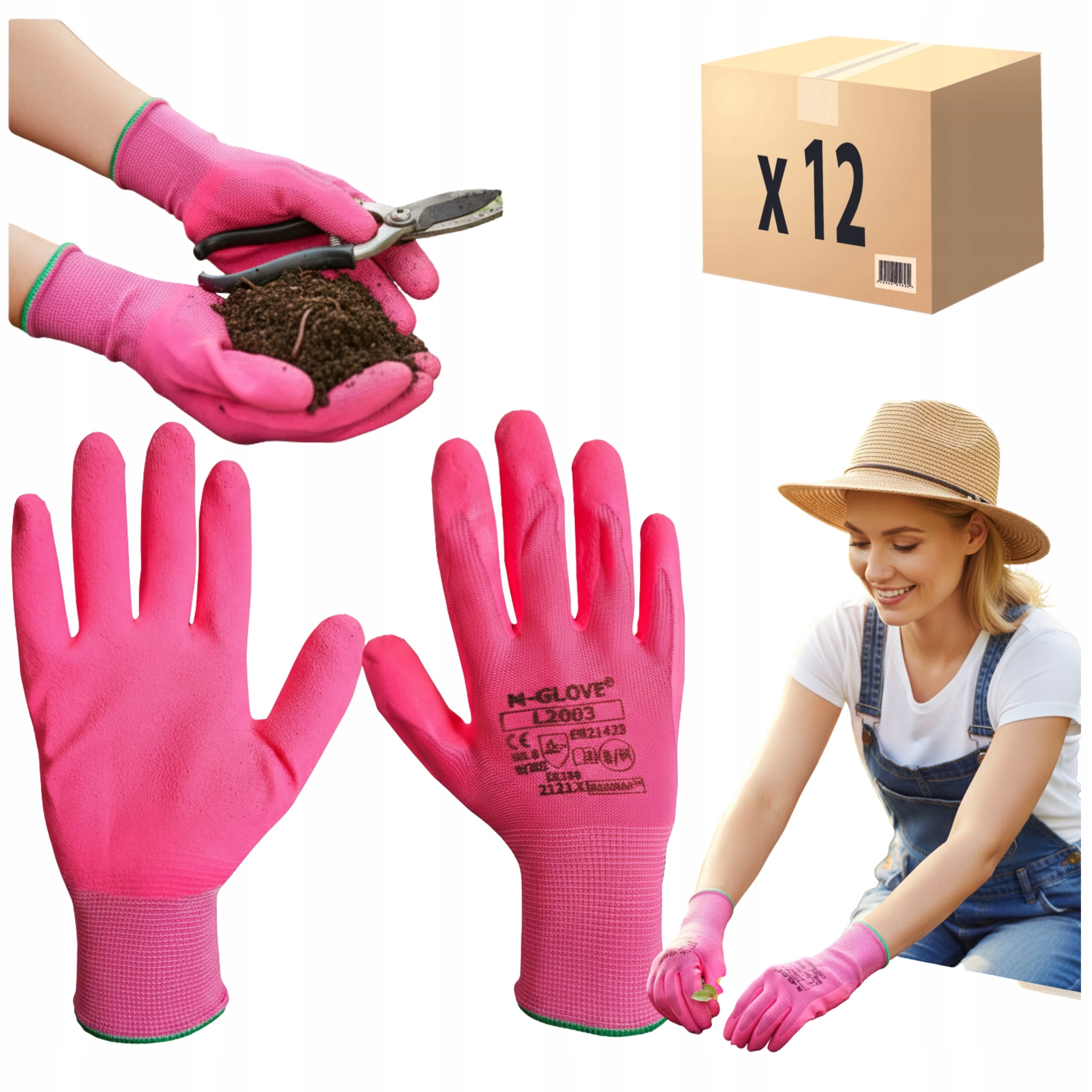 Women's Work Gloves Flowers for Garden Pink Garden 8 M 12 Pairs HIT