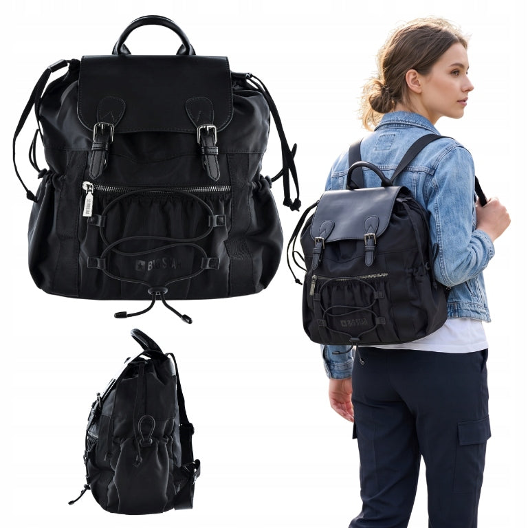 Women's backpack Big Star LL574038 black urban with buckle flap technical