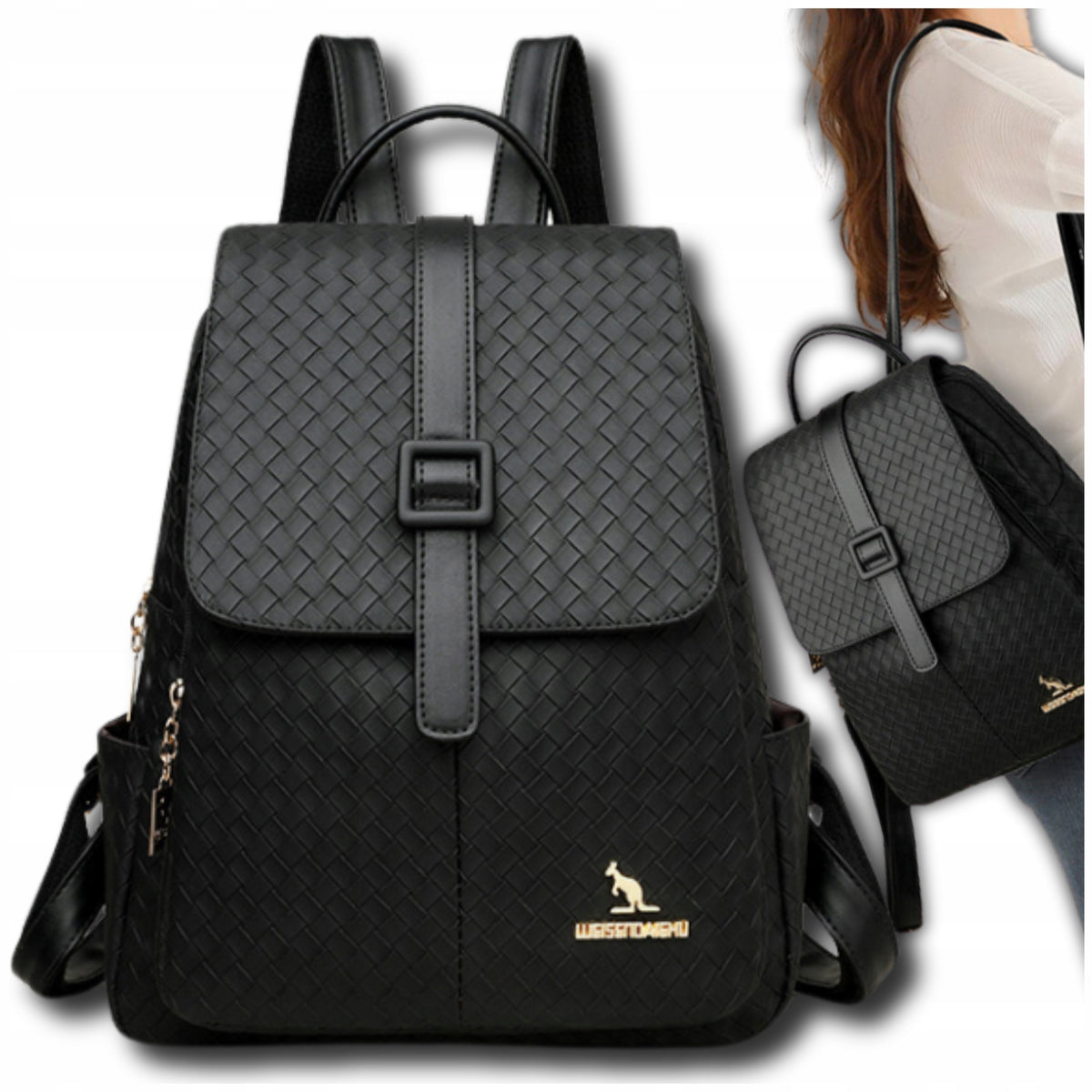 Women's backpack black leather elegant eco leather city braided school Brand EdiBazzar