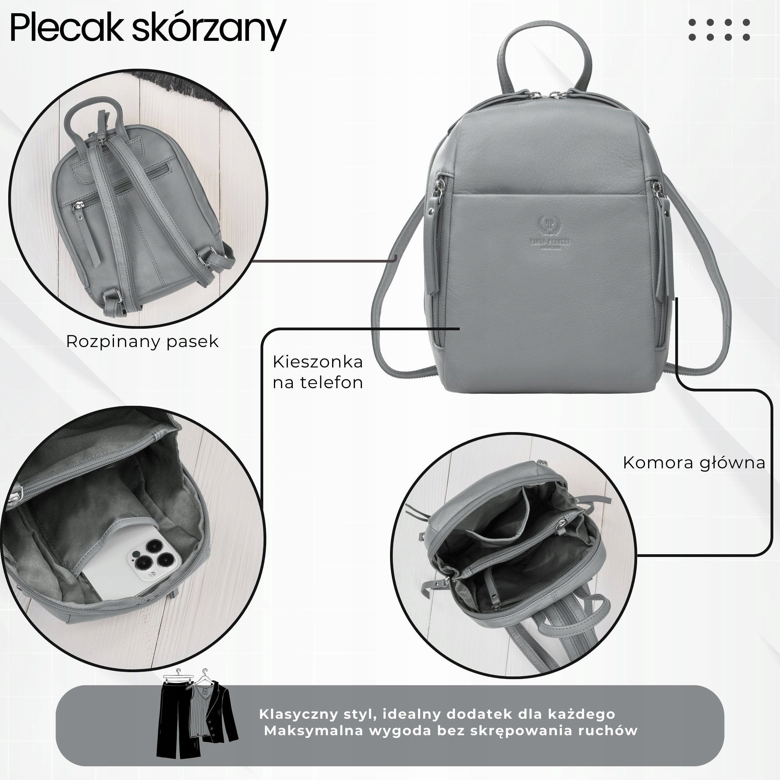 Women's backpack leather city small grey elegant Paolo Peruzzi Packaging status original