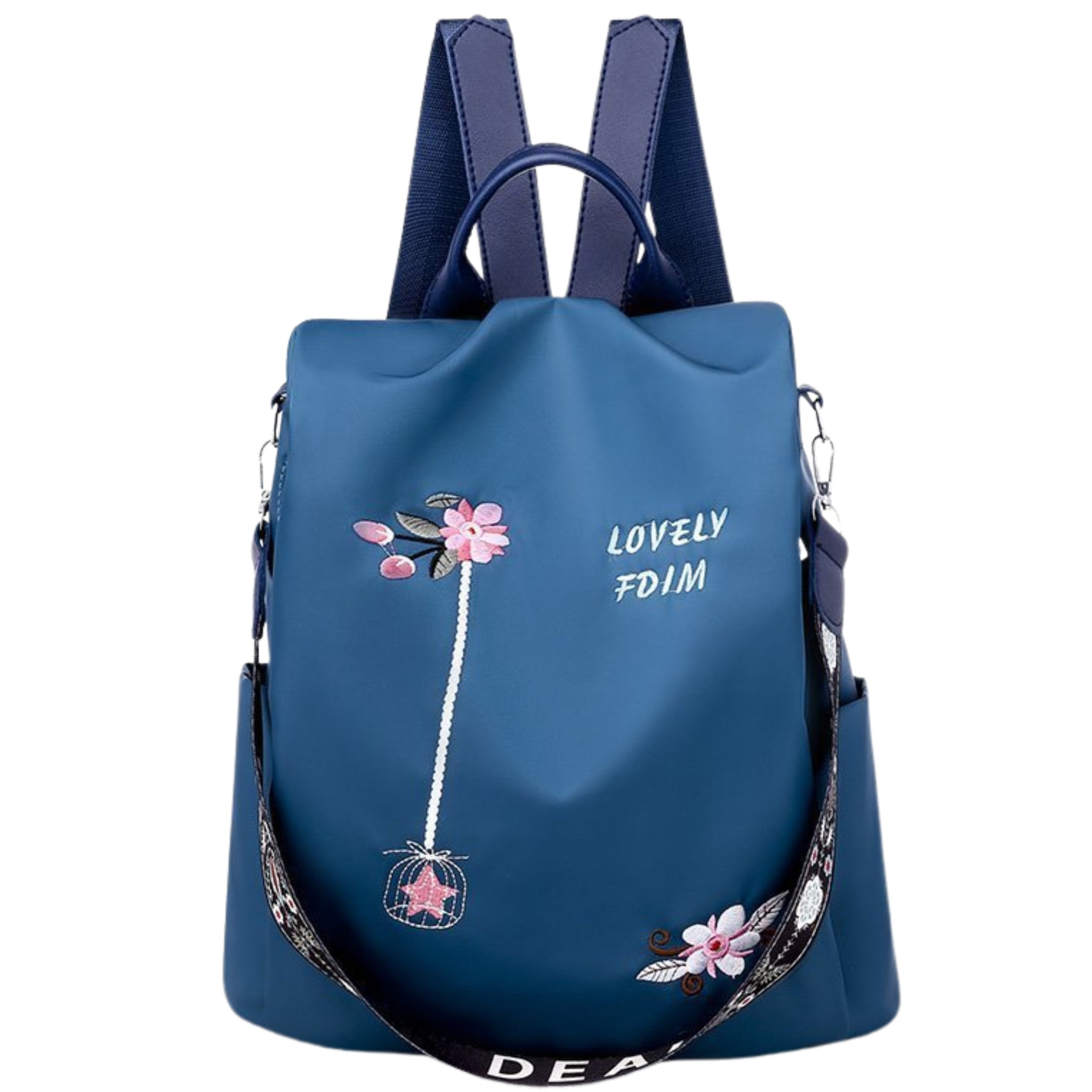 Women's backpack urban sports roomy fashionable Blue flowers summer belt