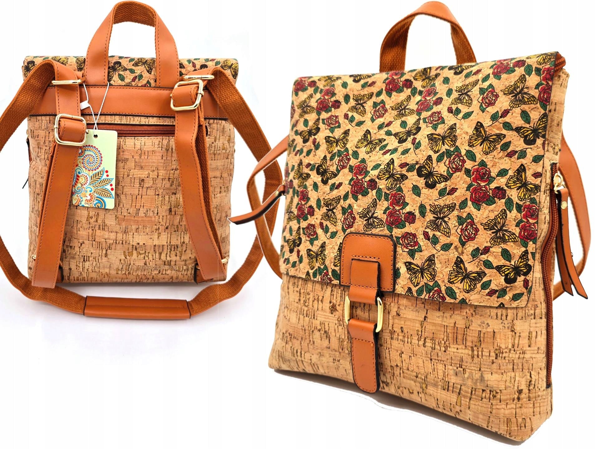 Women's cork backpack with butterflies and boho roses ethno vintage eco Marco Contti
