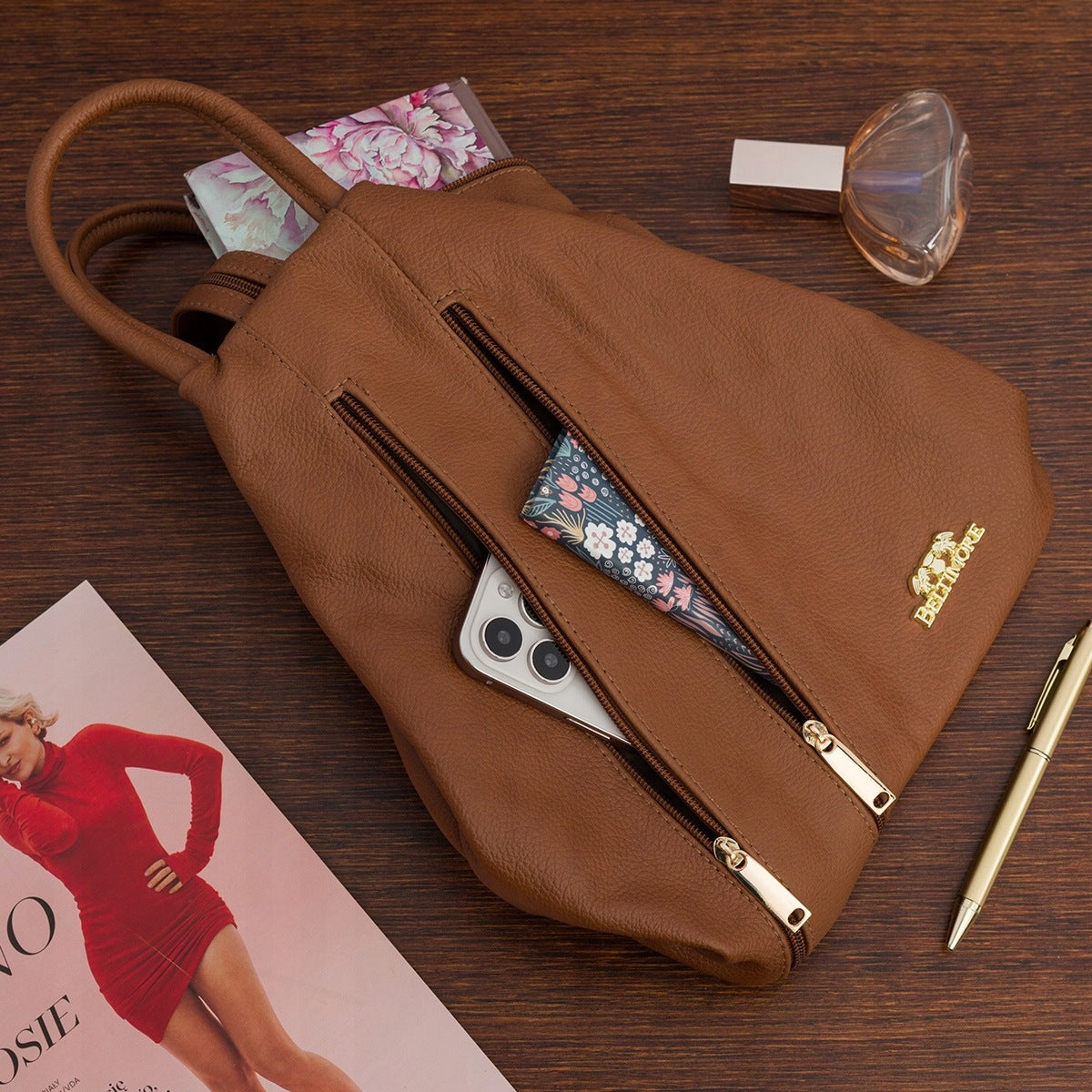 Women's leather backpack iconic triangular shoulder bag camel Beltimore Packaging status original