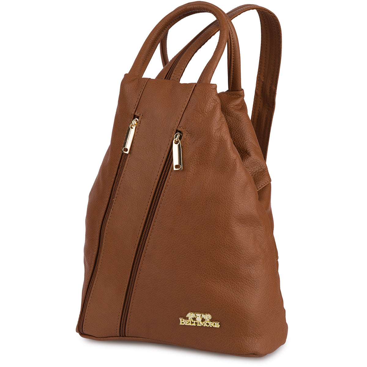 Women's leather backpack iconic triangular shoulder bag camel Beltimore