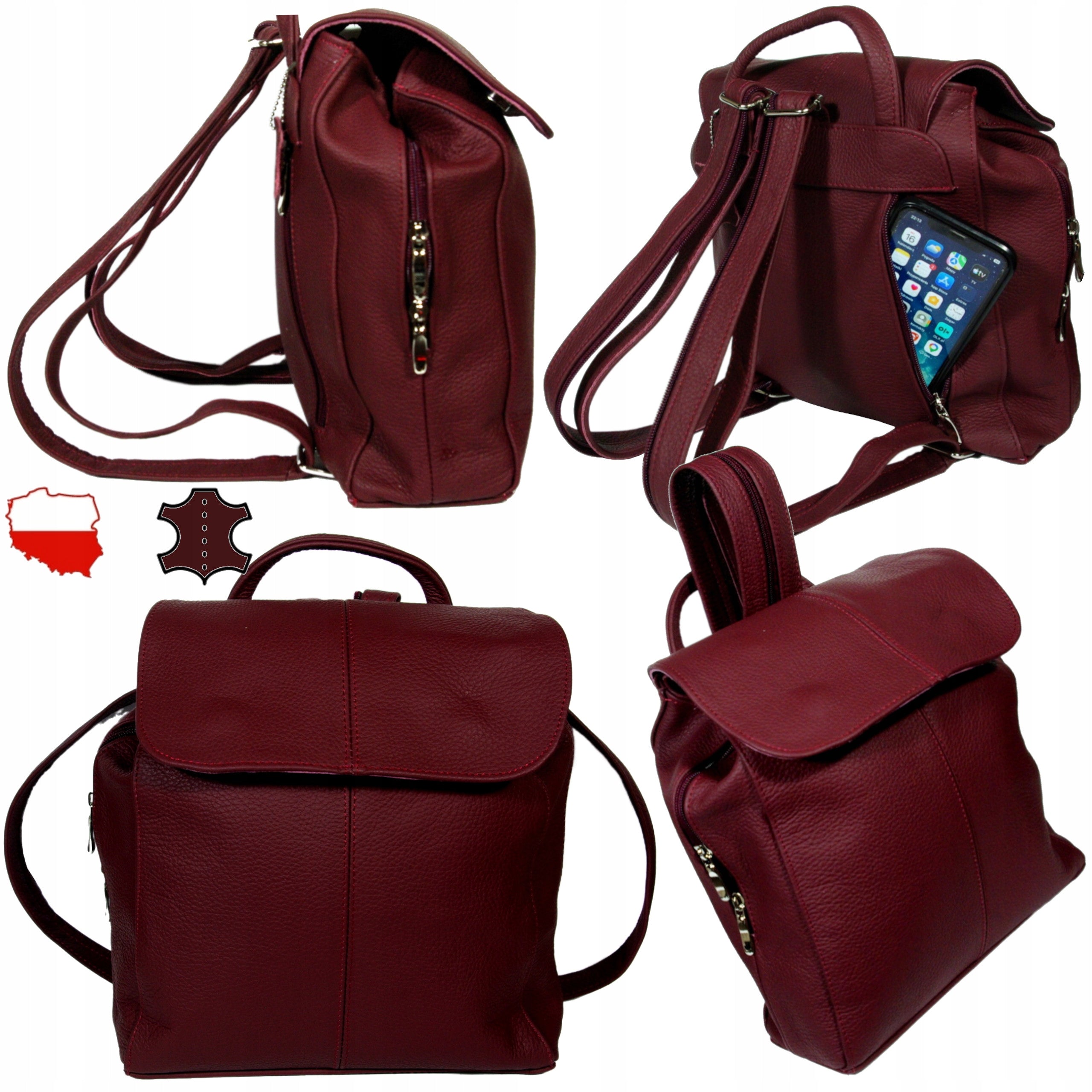 Women's leather backpack red burgundy large made in Poland genuine leather