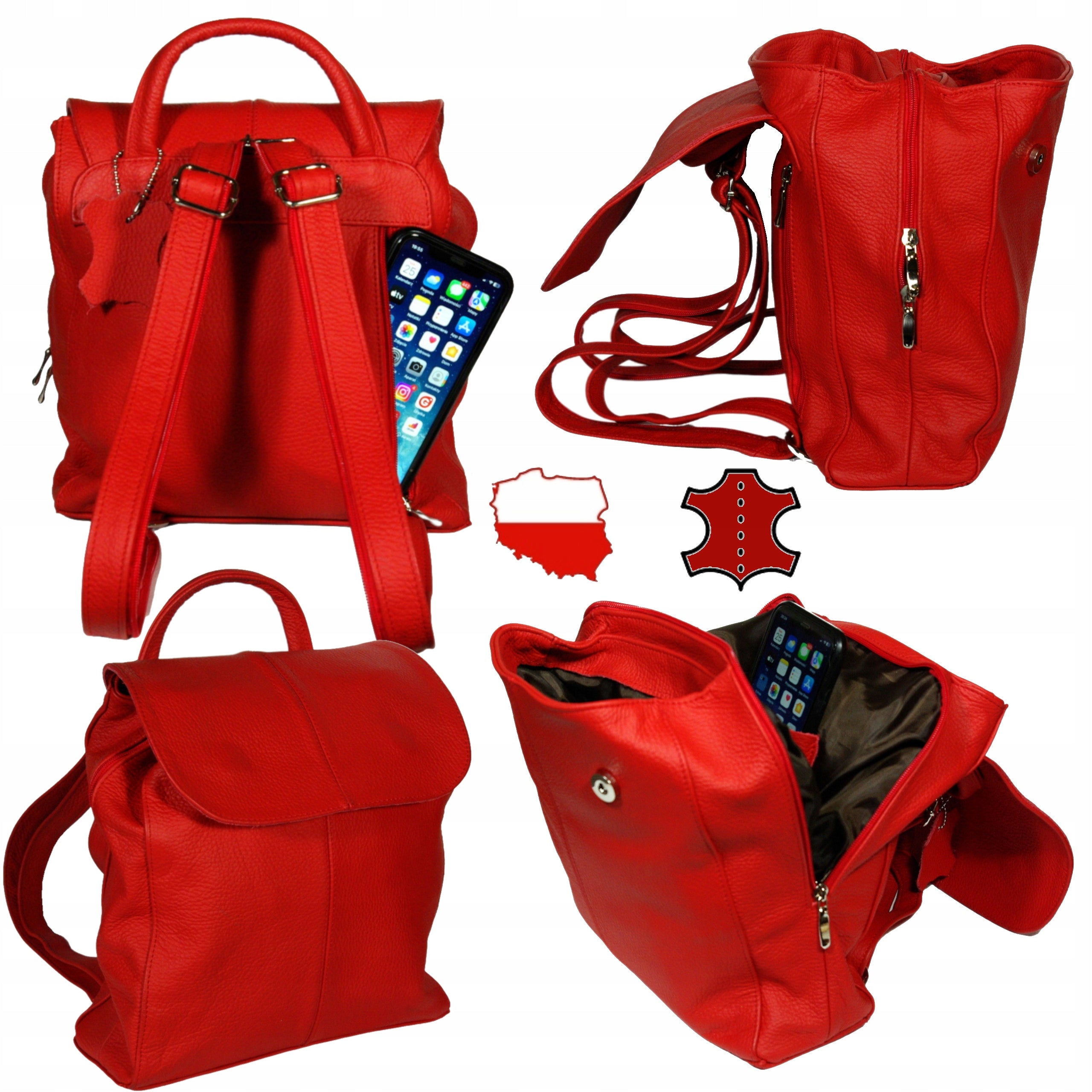 Women's leather backpack red large made in Poland genuine leather
