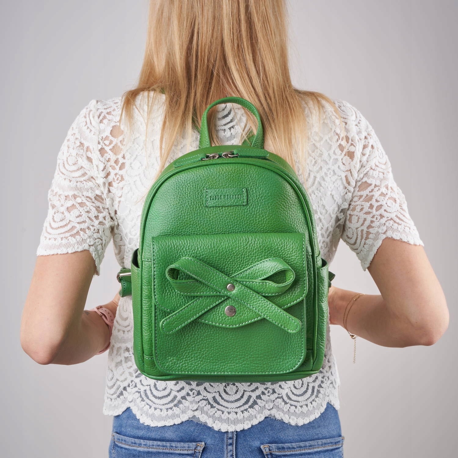 Women's leather backpack with bow green Paolo Peruzzi city backpack Brand Paolo Peruzzi