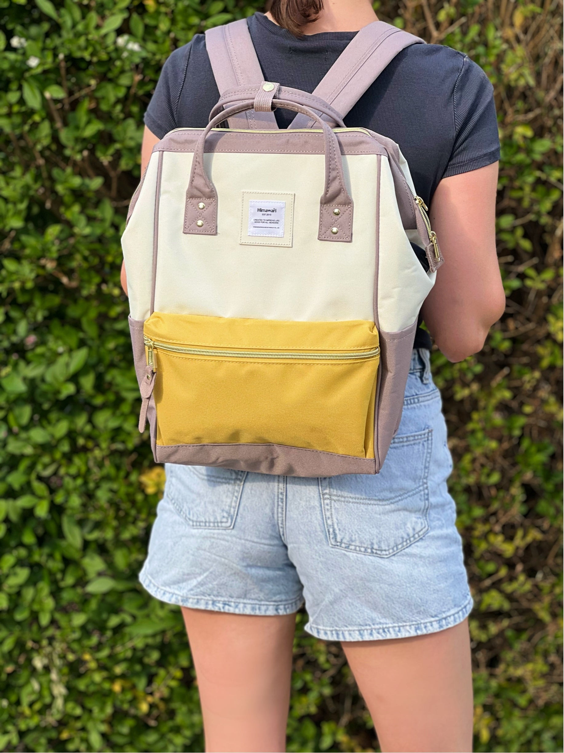 Women's school backpack Himawari 9001 15,6 USB #32 lilac-beige-yellow Brand Himawari
