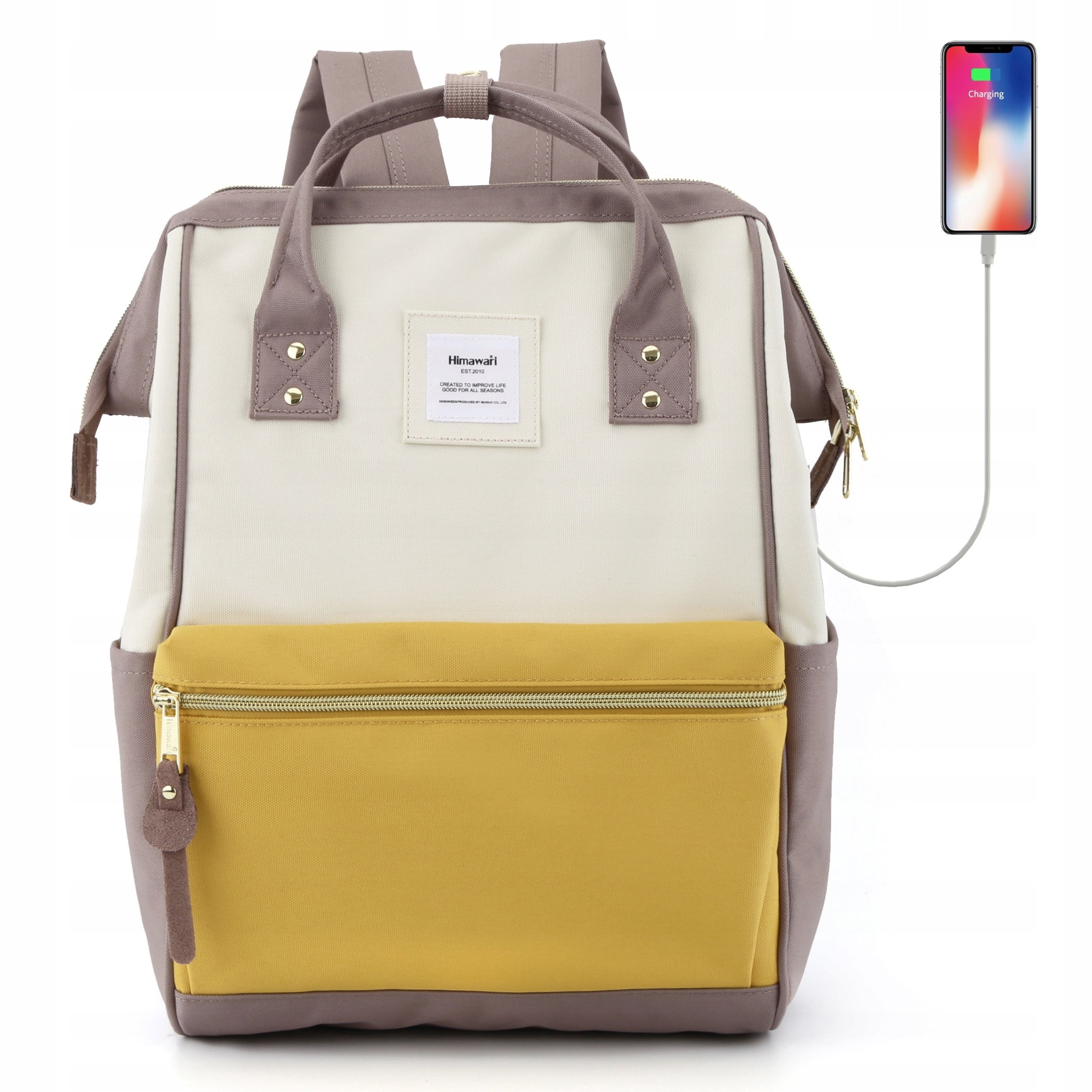 Women's school backpack Himawari 9001 15,6 USB #32 lilac-beige-yellow