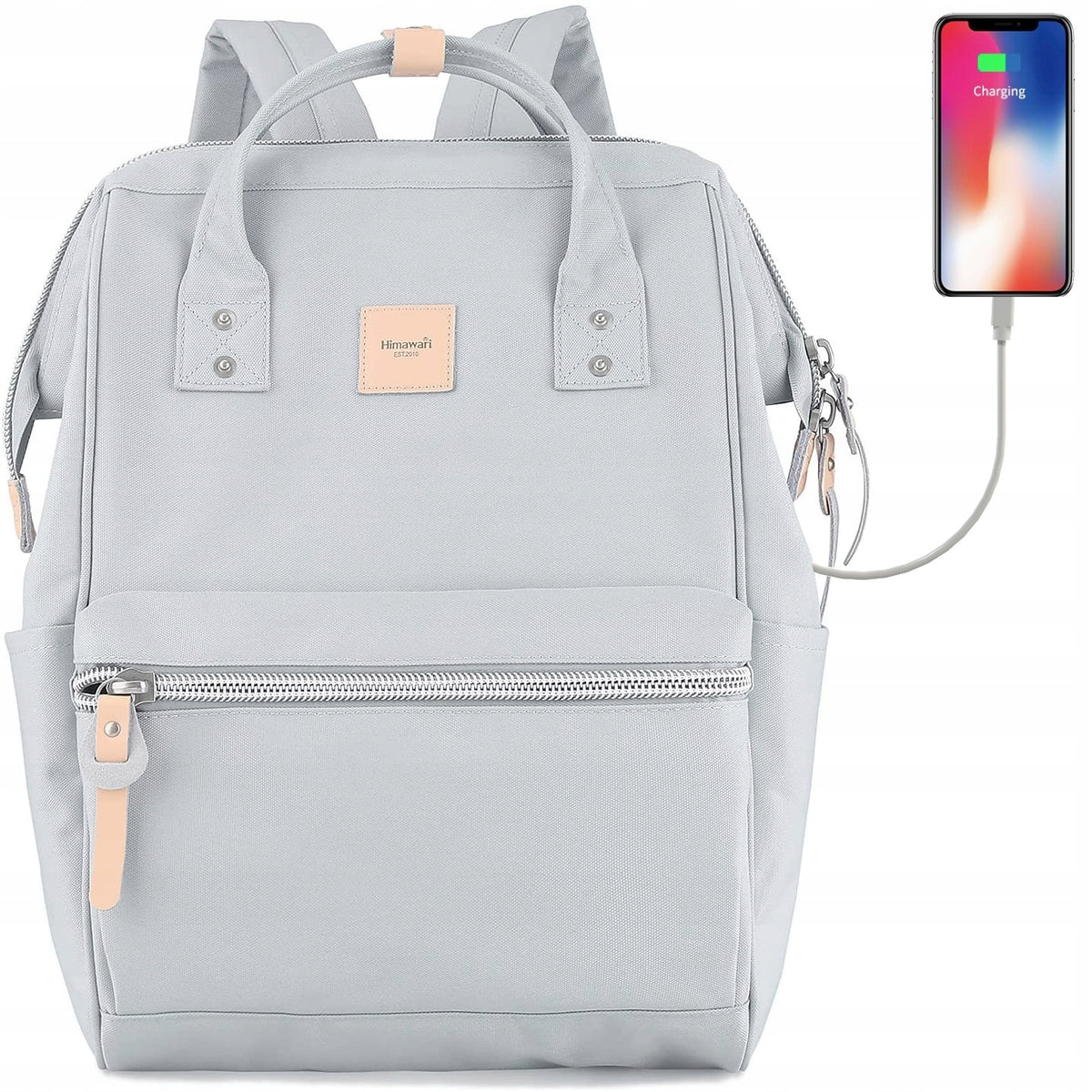Women's urban backpack Himawari HM1881 for laptop 13,3 USB light grey
