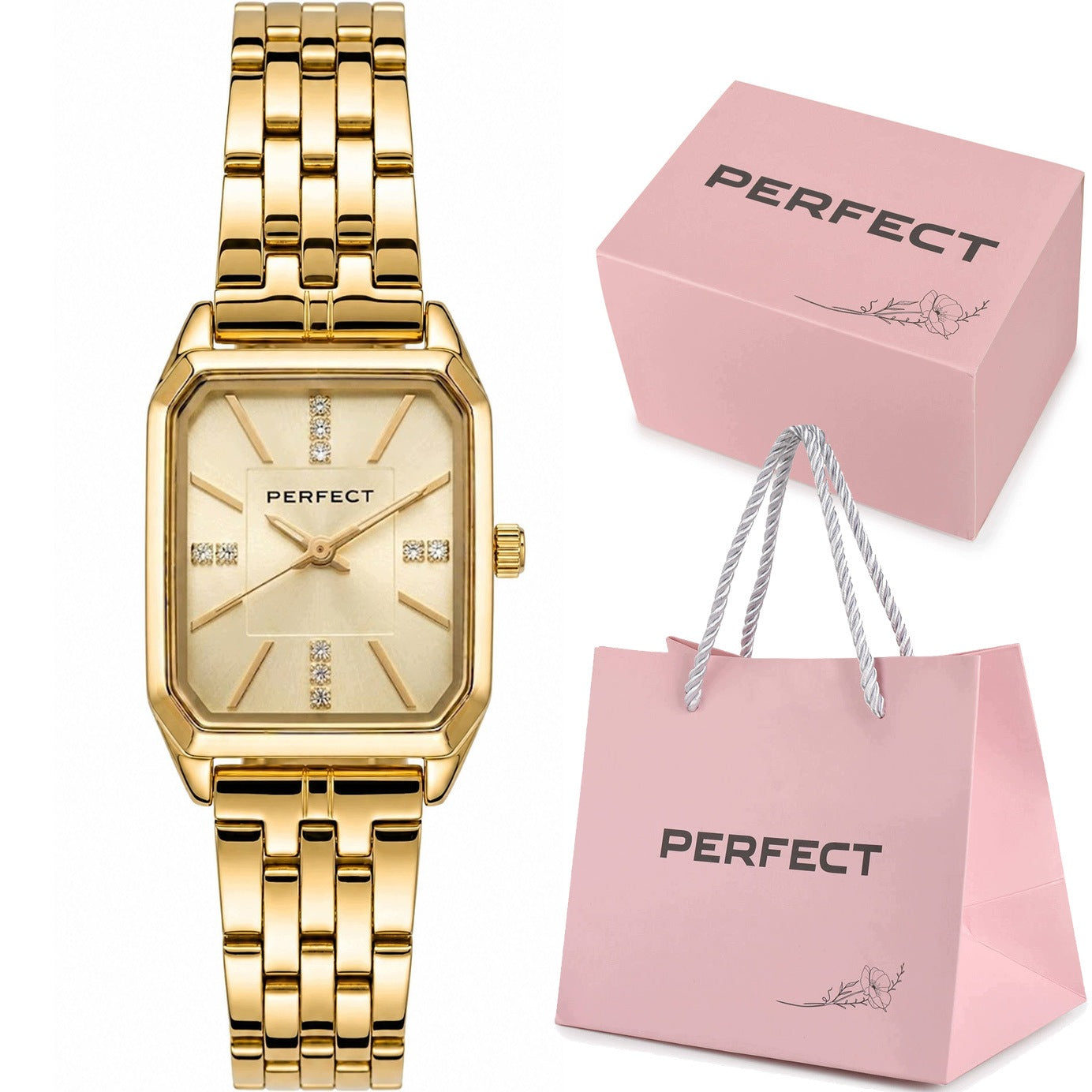 Women's watch PERFECT GOLD STEEL BRACELET RHINESTONES + ENGRAVING