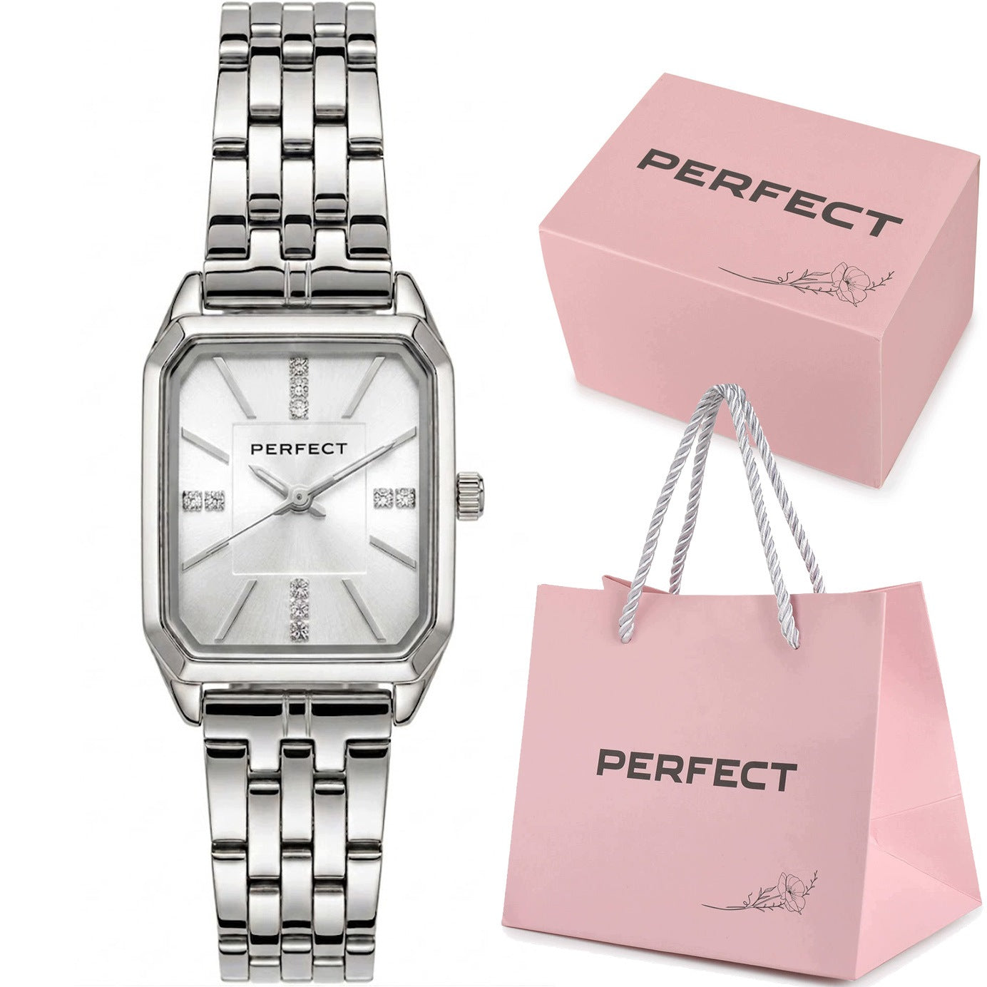 Women's watch PERFECT SILVER STEEL BRACELET RHINESTONES + ENGRAVING