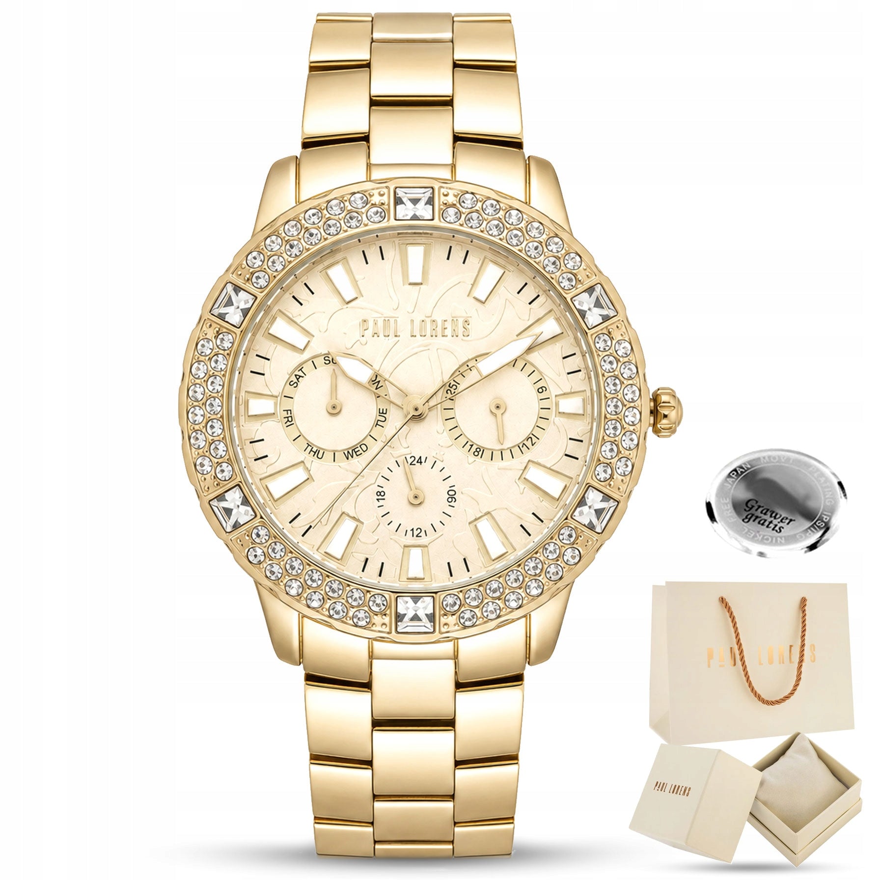 Women's watch Paul Lorens NAOMI GOLD elegant RHINESTONEs data box +ENGRAVING