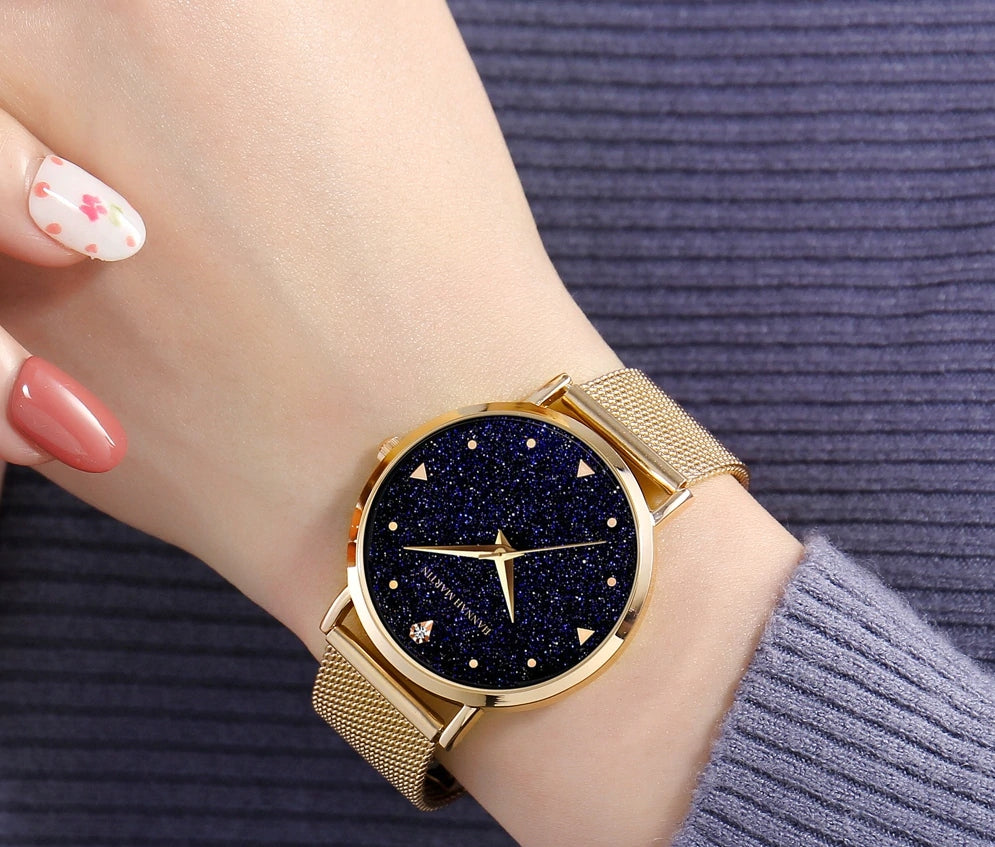 Women's watch bracelet mesh diamonds gold color real gold Brand Hannah Martin