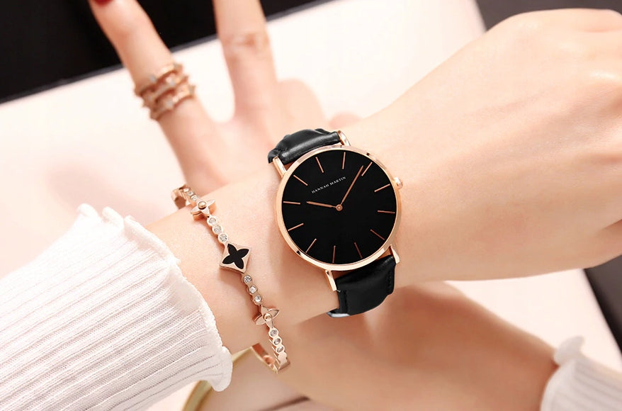 Women's watch leather strap black gold elegant Brand Hannah Martin