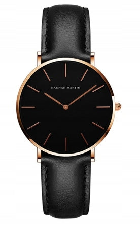 Women's watch leather strap black gold elegant