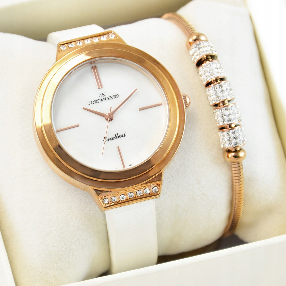 Women's watch set Jordan Kerr CALIA white strap + bracelet FOR GIFT