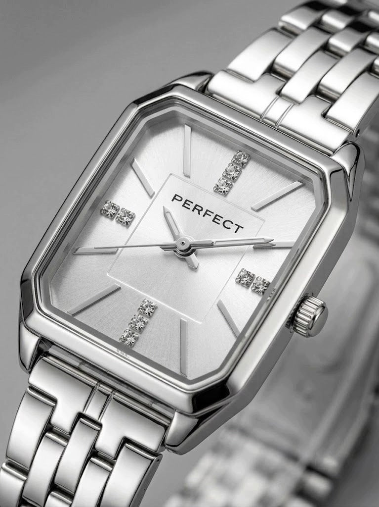 Women's watch set PERFECT SILVER STEEL BRACELET RHINESTONES + ENGRAVING Brand Perfect