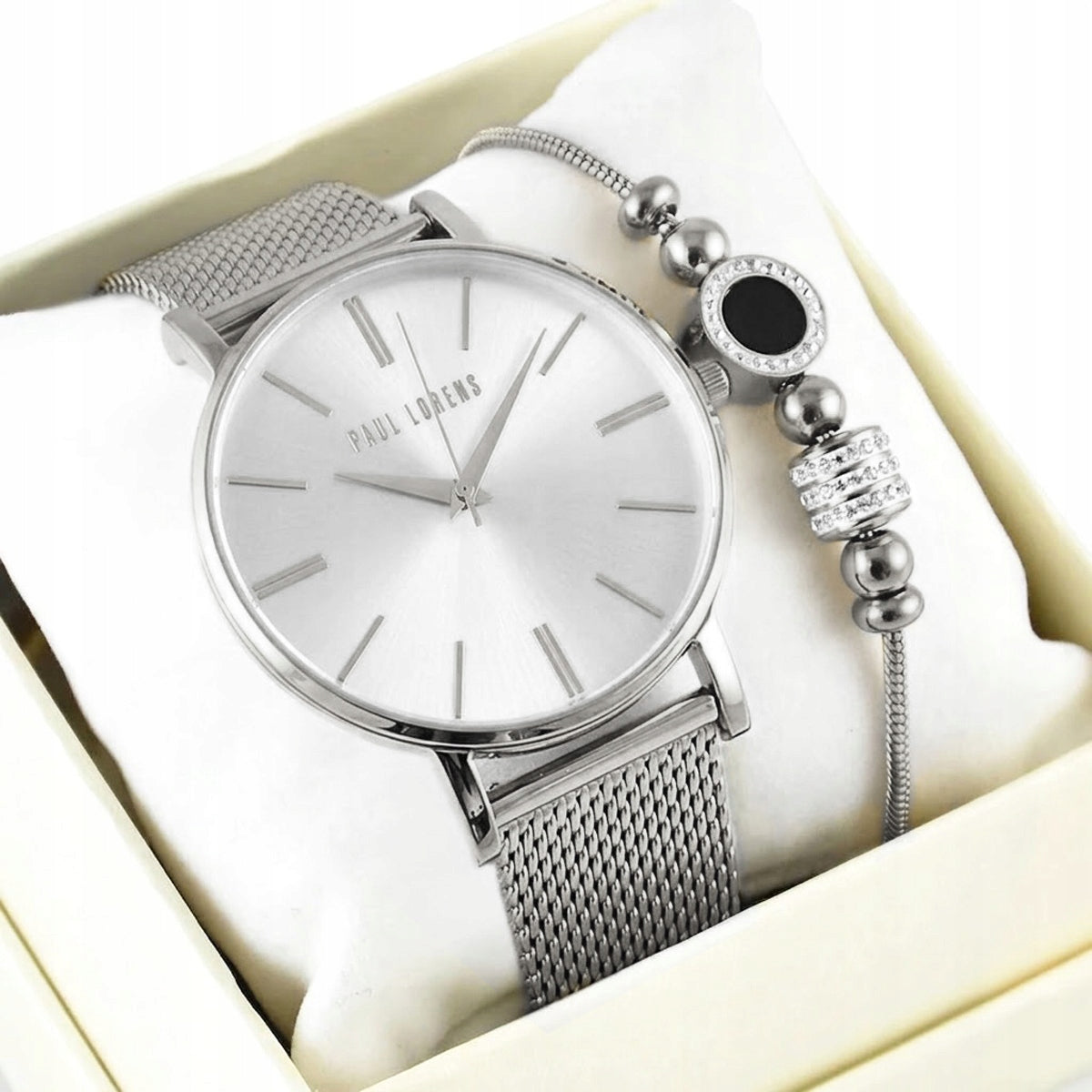Women's watch set Paul Lorens JULIE large dial-silver ENGRAVING +box