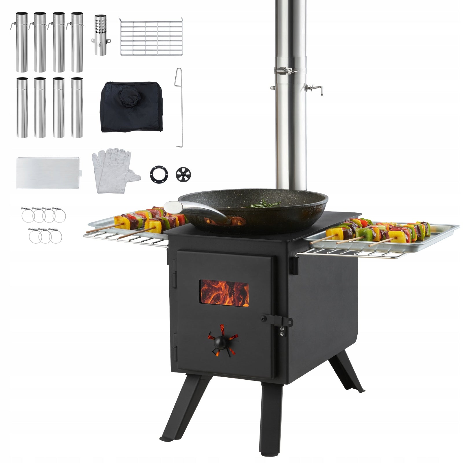 Wood Stove 86 inch Alloy Steel Portable with Chimney Pipes for Cooking
