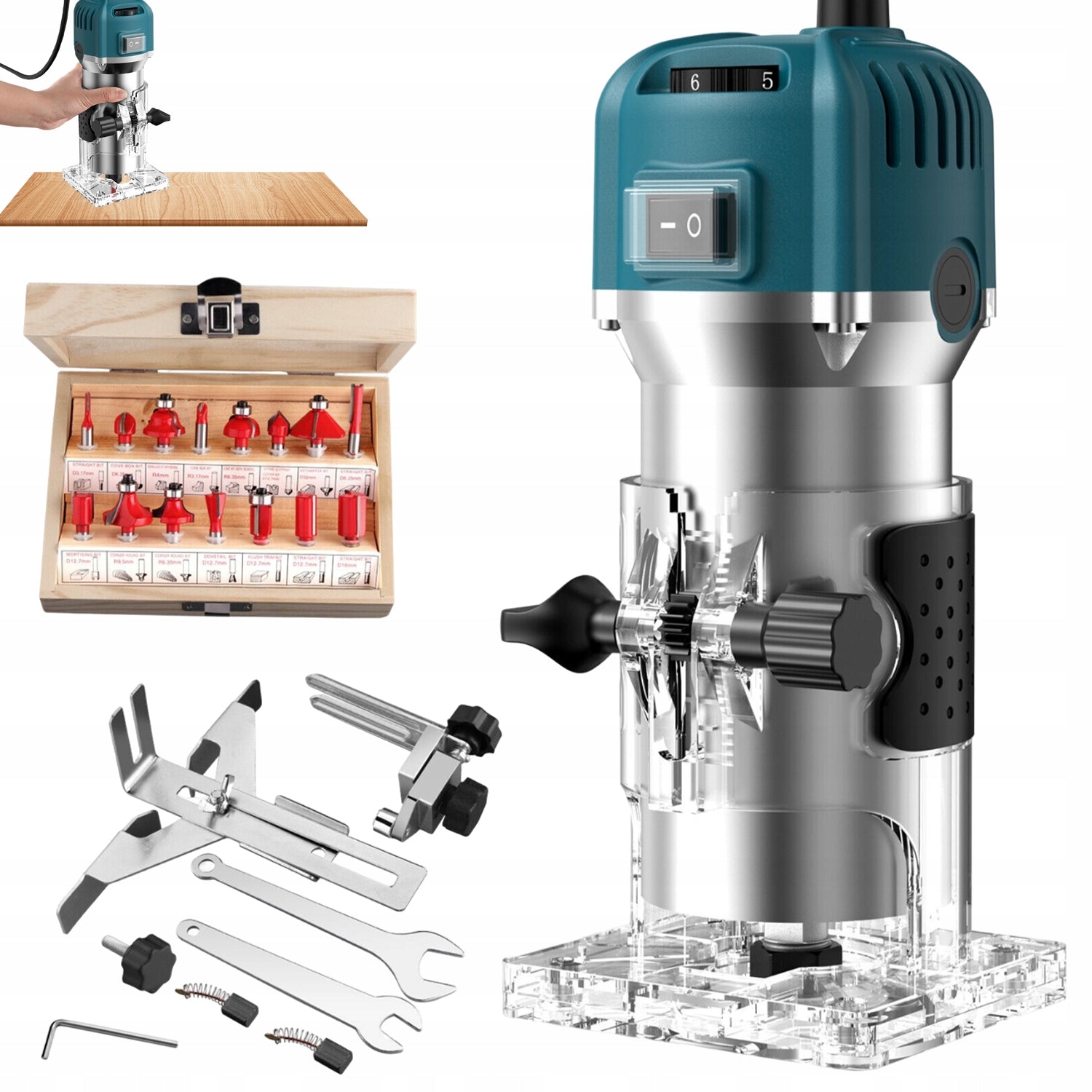 Wood Trimmer Milling Machine Electric Handheld 800w 30000rpm + 15 Cutters