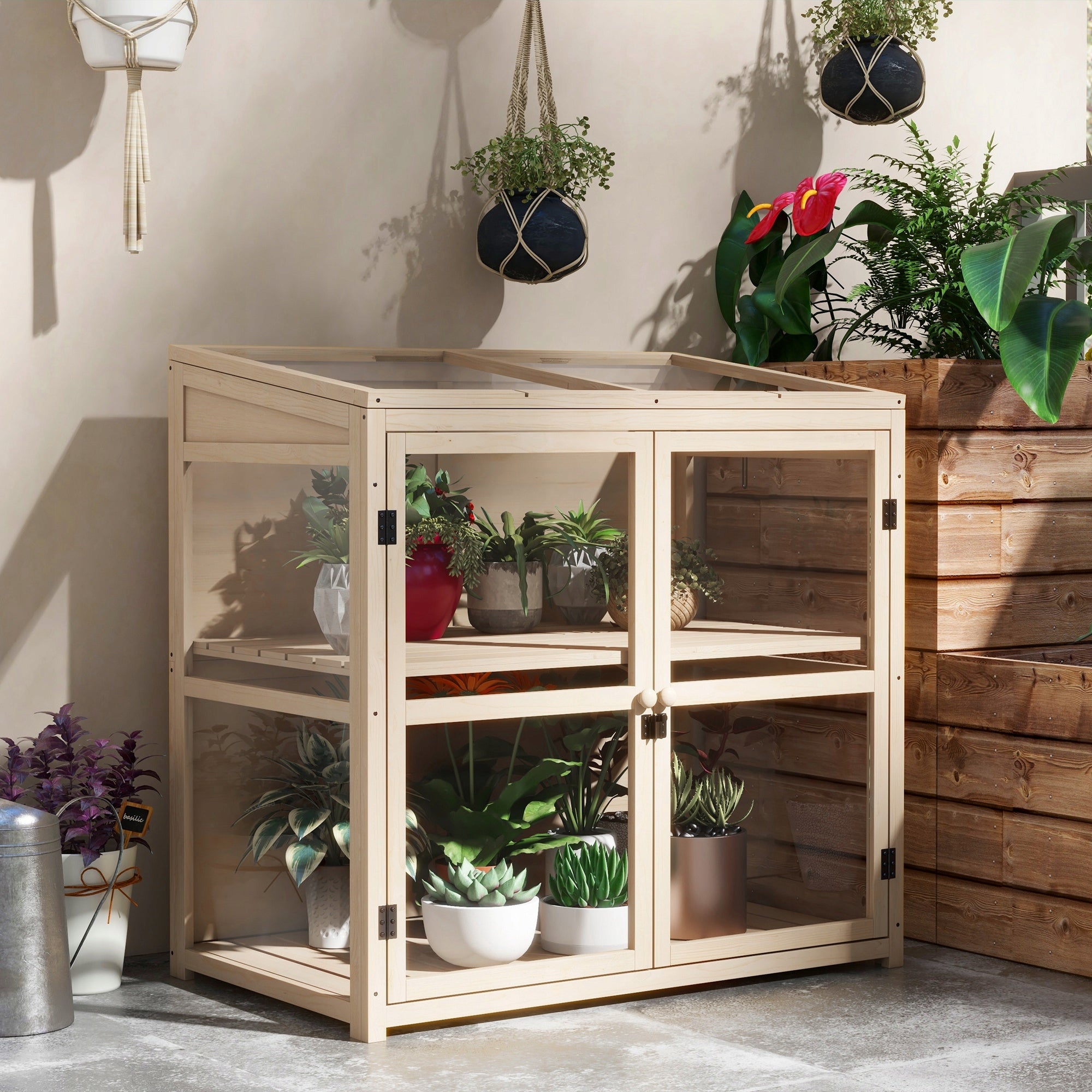 Wood greenhouse with double doors, roof window, 2-level Length 103 m