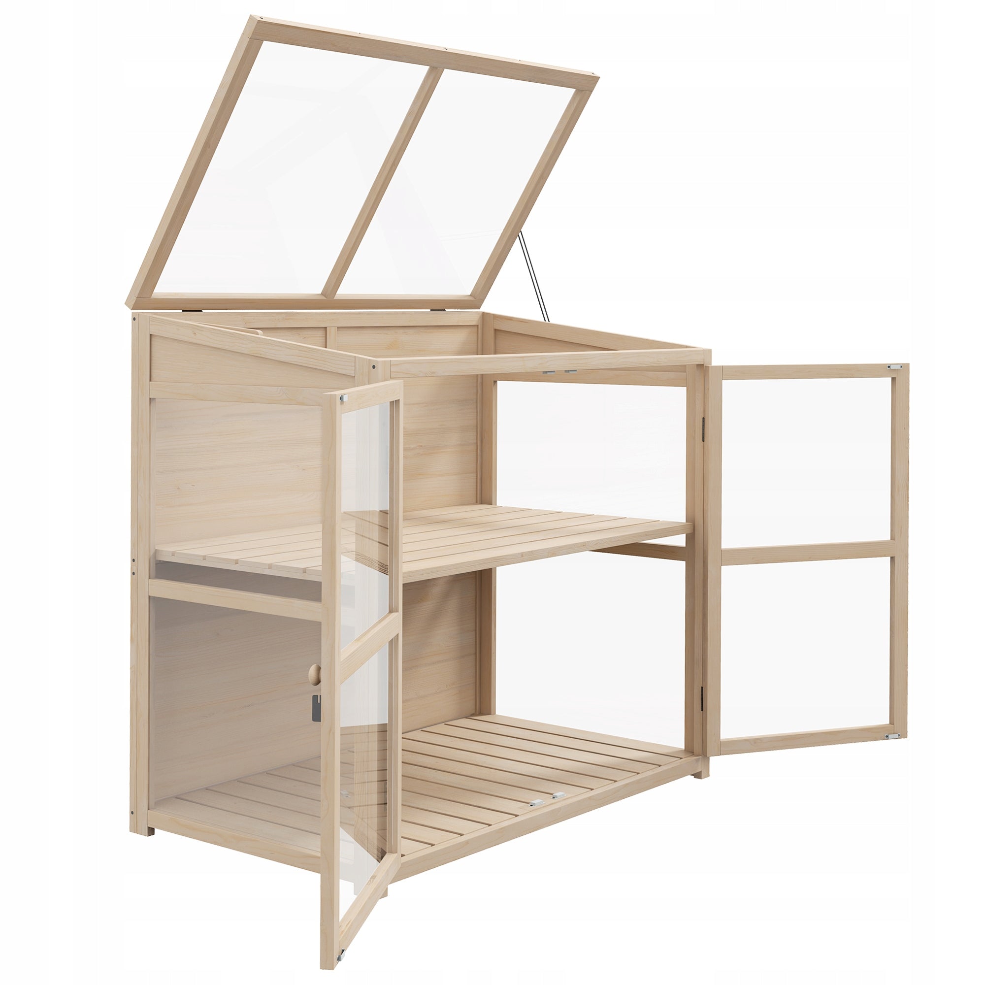 Wood greenhouse with double doors, roof window, 2-level Packaging status original