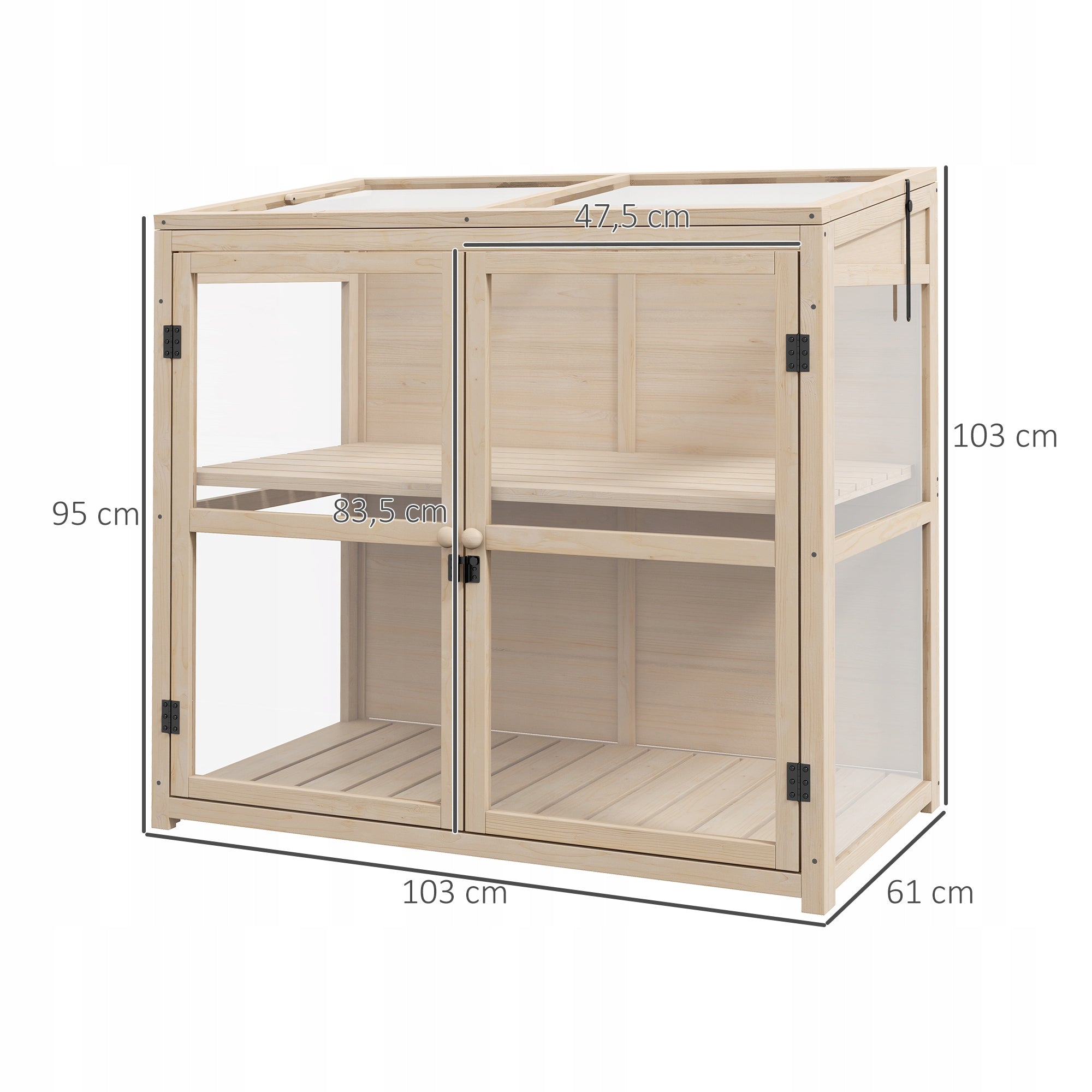 Wood greenhouse with double doors, roof window, 2-level Width 61 m