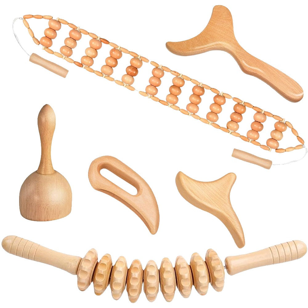 Wooden 6-in-1 Massager with Roller and Gua Sha for Body Massage and Relaxation