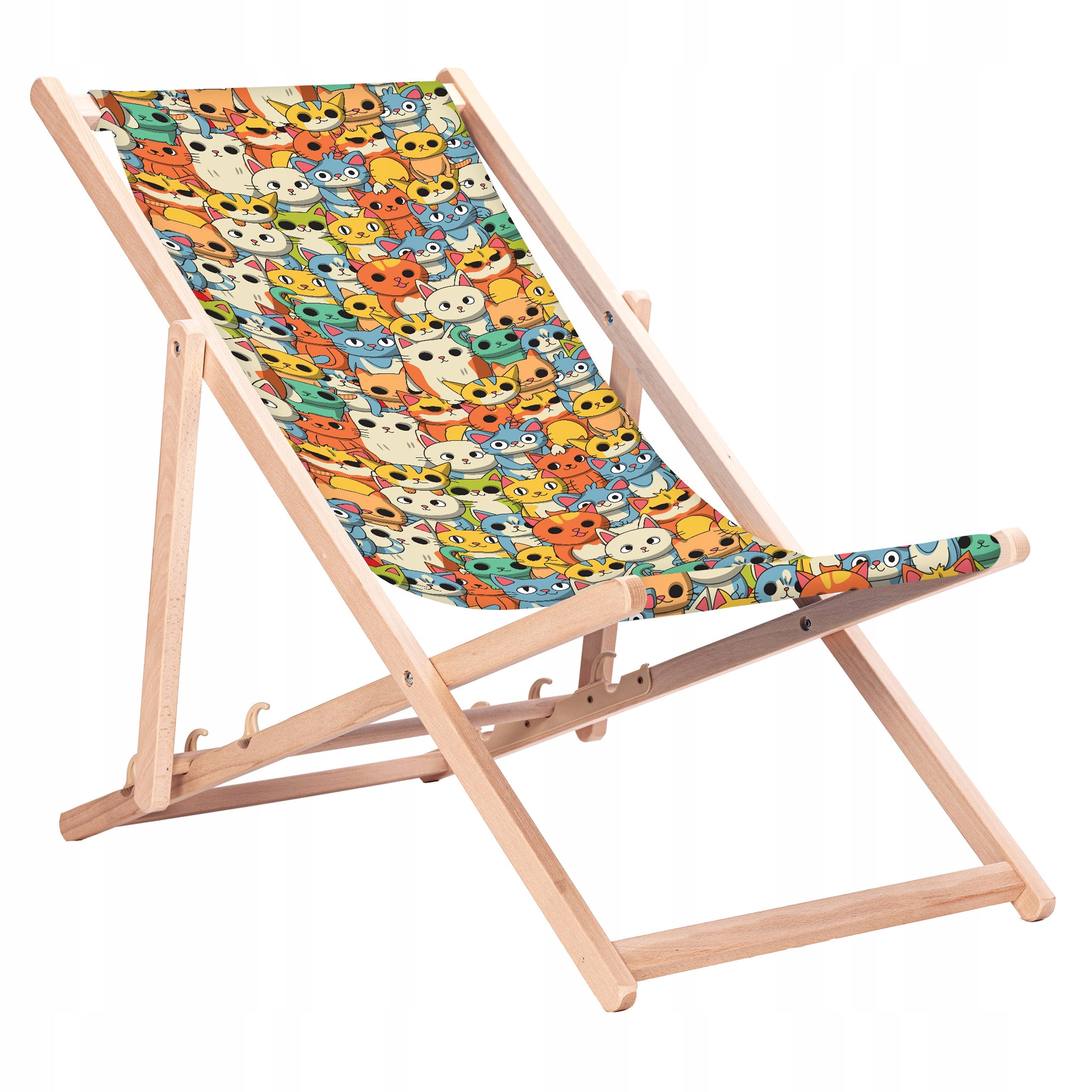 Wooden Beach Lounger with Prints Kittens Beech Deckchairs KN84