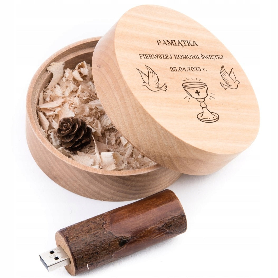 Wooden COMMUNION flash drive 32 GB 3.0 + round box + engraving COMMUNION