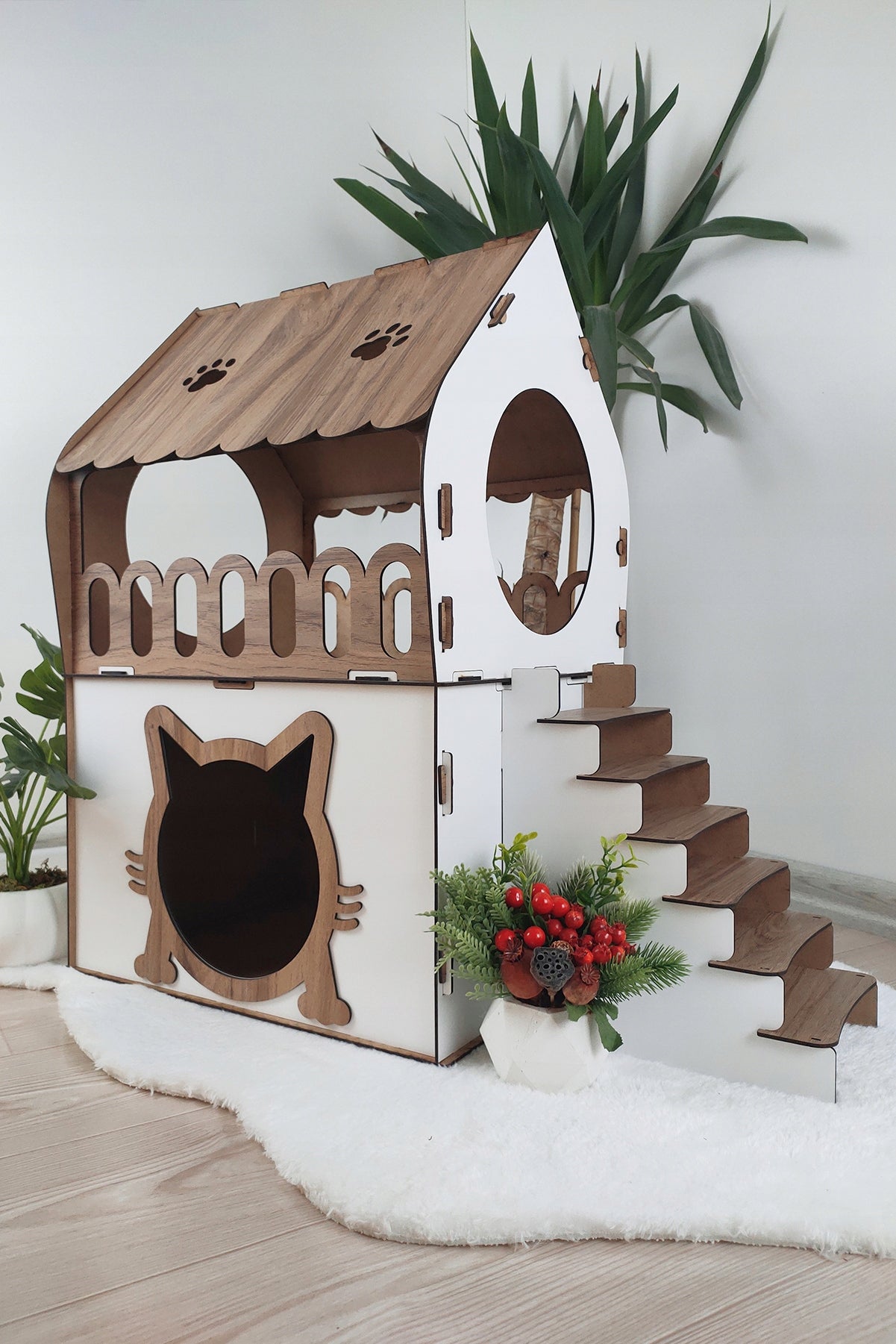 Wooden Cat House - 2 Levels Interior Bed Stylish MDF XL Length 68 cm